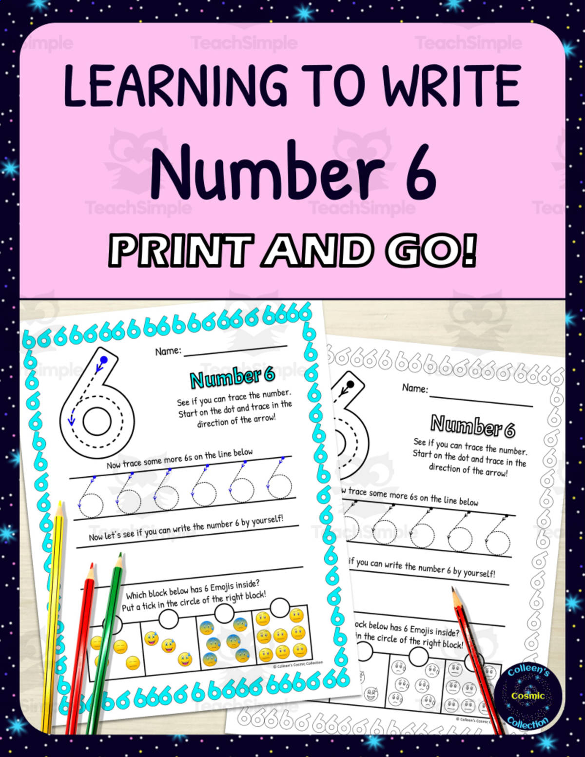 An educational teaching resource from Colleen's Cosmic Collection entitled Number Formation Practice Worksheets - Learning to Write Number 6 downloadable at Teach Simple.