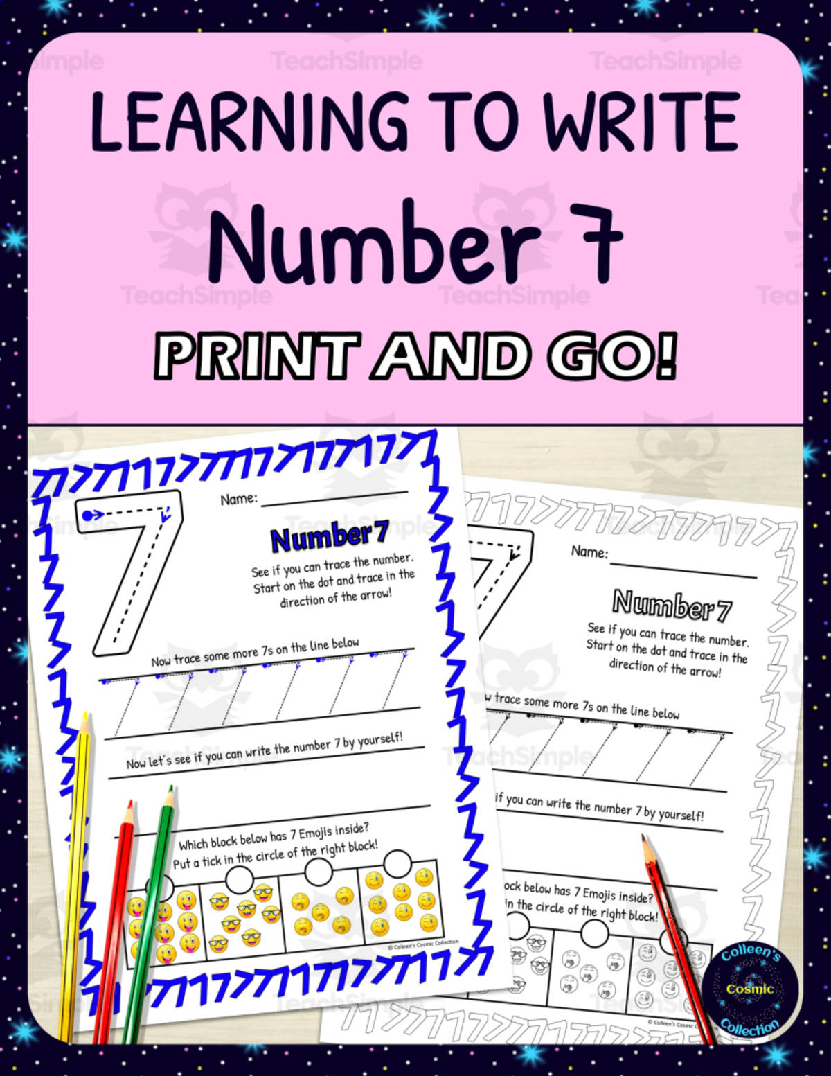 An educational teaching resource from Colleen's Cosmic Collection entitled Number Formation Practice Worksheets - Learning to Write Number 7 downloadable at Teach Simple.