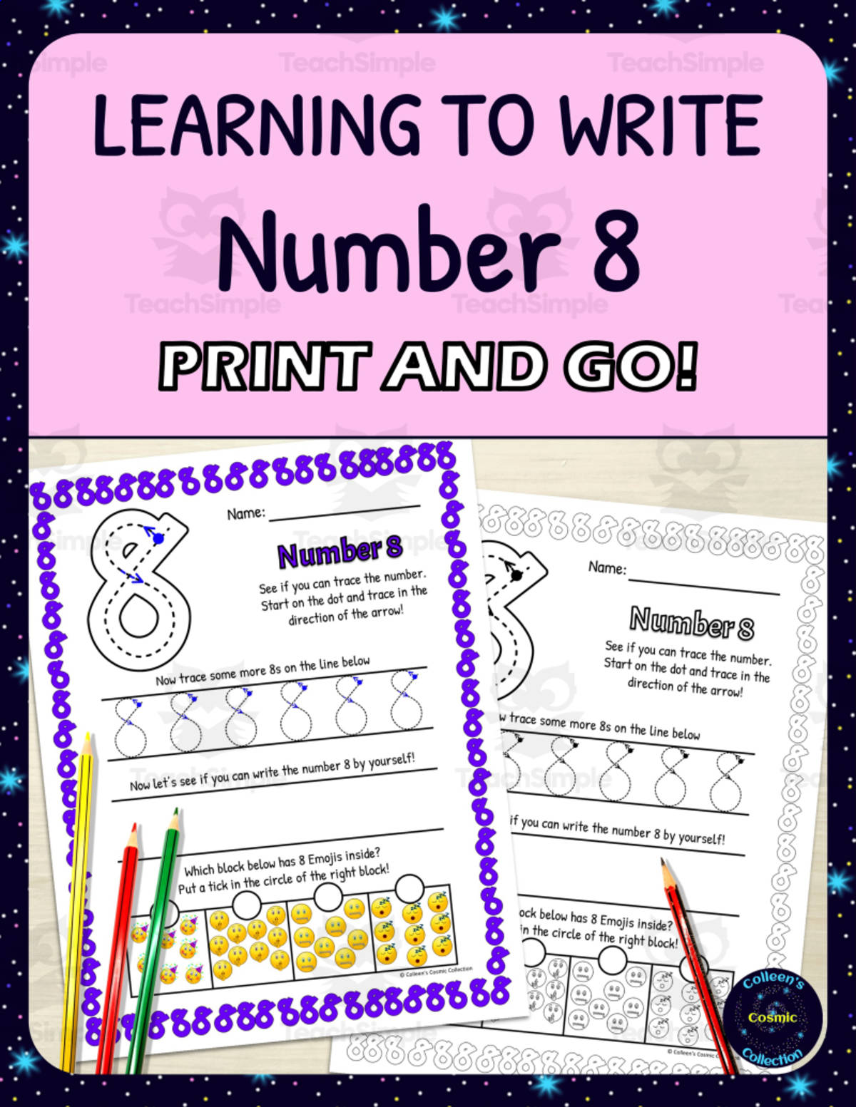 An educational teaching resource from Colleen's Cosmic Collection entitled Number Formation Practice Worksheets - Learning to Write Number 8 downloadable at Teach Simple.
