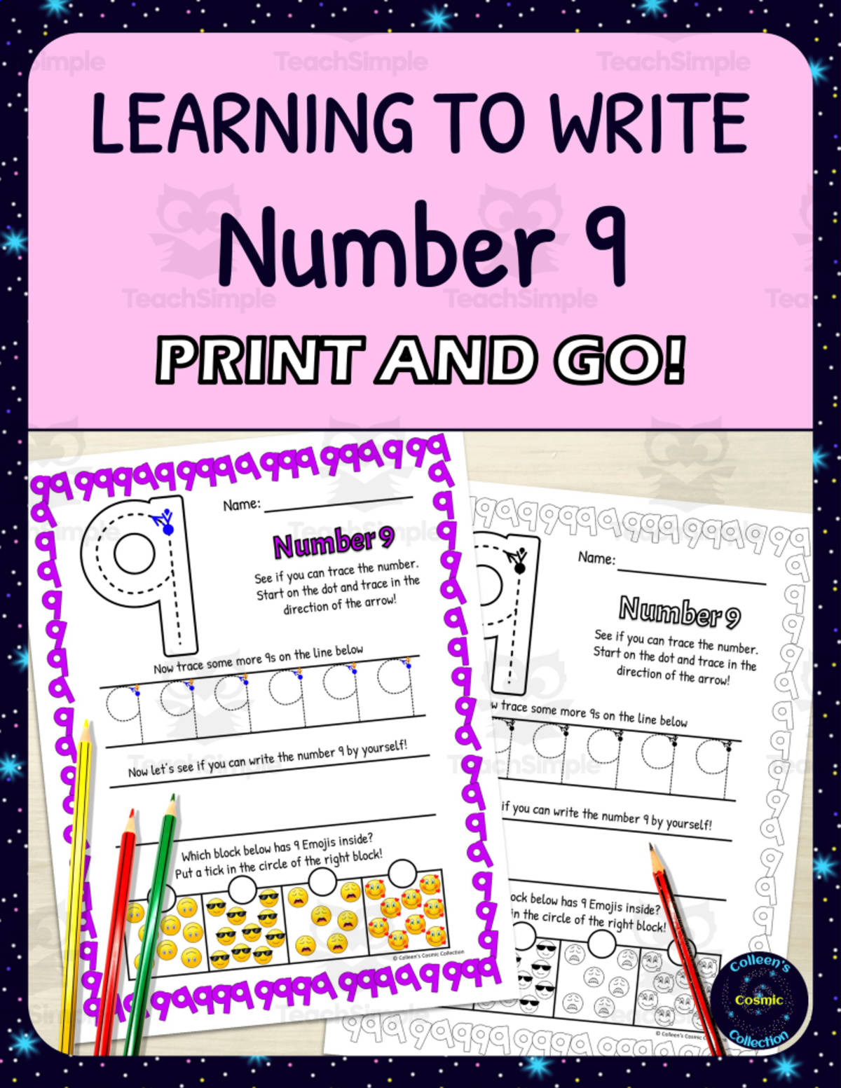 An educational teaching resource from Colleen's Cosmic Collection entitled Number Formation Practice Worksheets - Learning to Write Number 9 downloadable at Teach Simple.