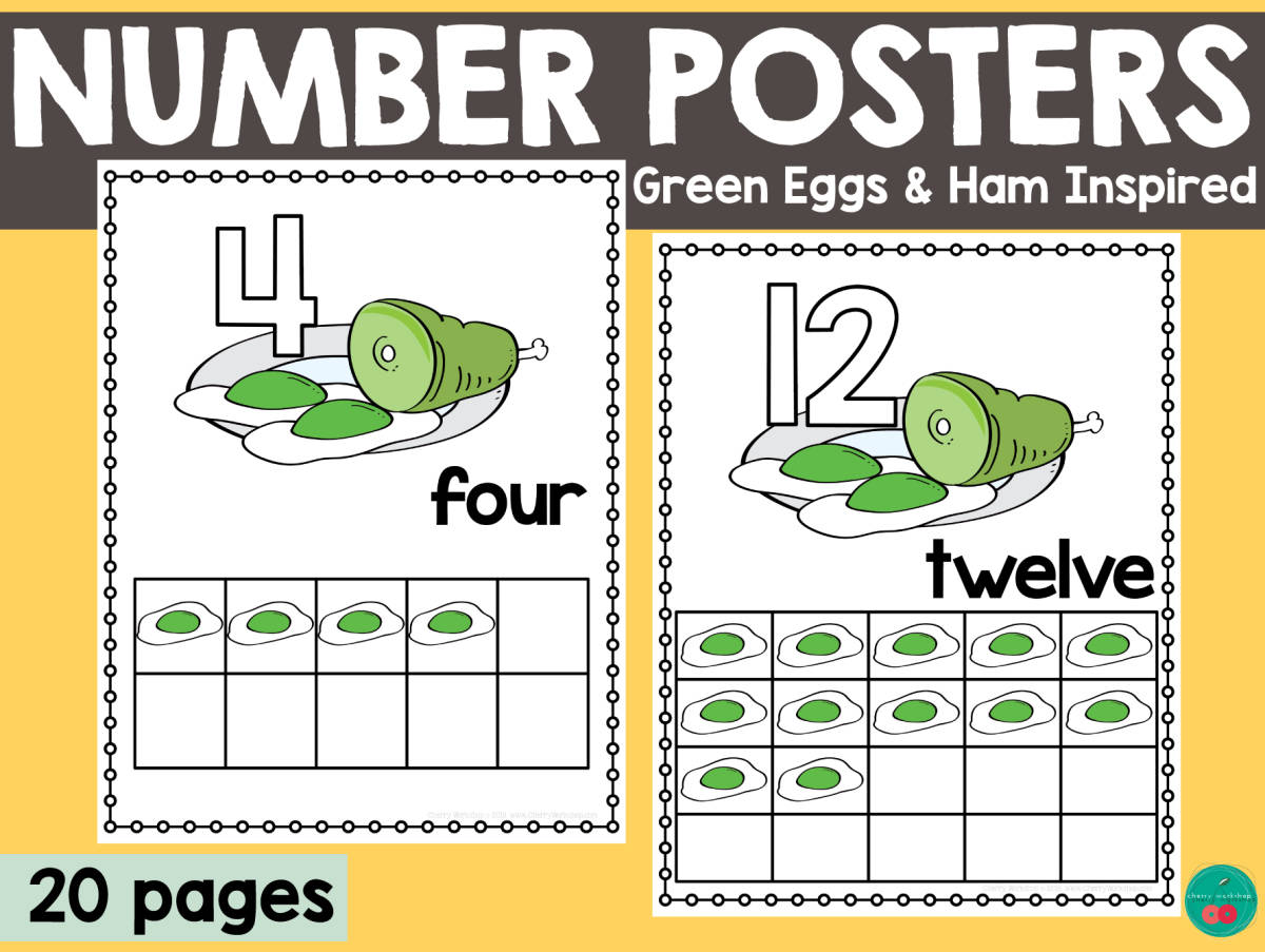 An educational teaching resource from Cherry Workshop entitled Green Eggs & Ham Number Posters 1–20 downloadable at Teach Simple.