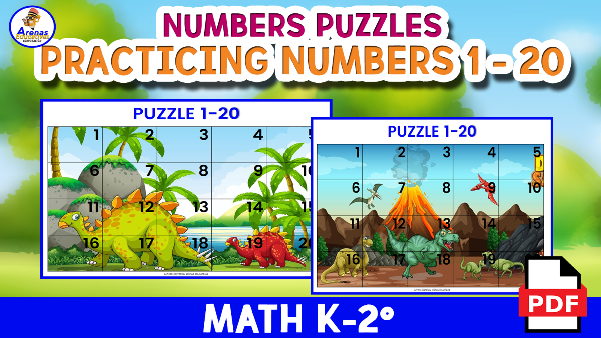 An educational teaching resource from EDITORIAL LAURA EDUCA entitled Number Puzzle 1 From 20 - DINOSAURS Theme downloadable at Teach Simple.