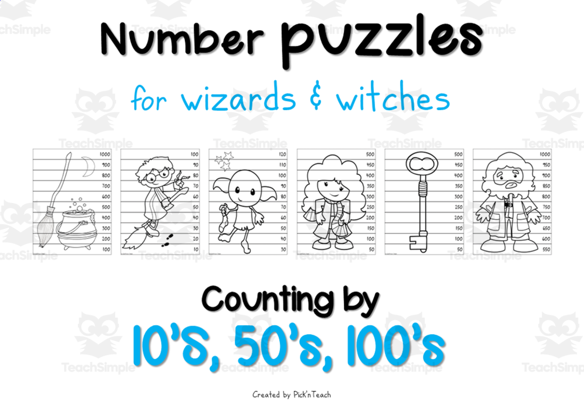 An educational teaching resource from Pick'n Teach entitled NUMBER PUZZLES for wizards - counting by 10s, 50s, 100s - Black and white downloadable at Teach Simple.
