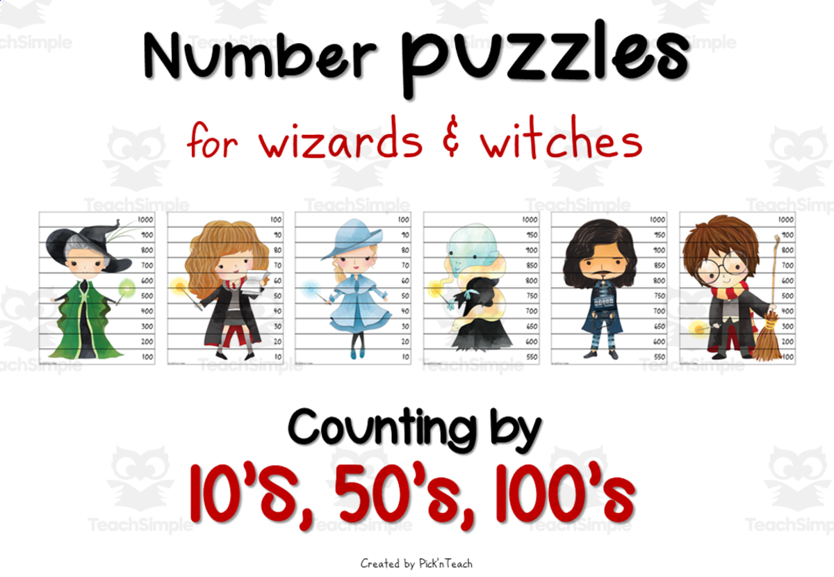 An educational teaching resource from Pick'n Teach entitled NUMBER PUZZLES for wizards - counting by 10s, 50s, 100s downloadable at Teach Simple.