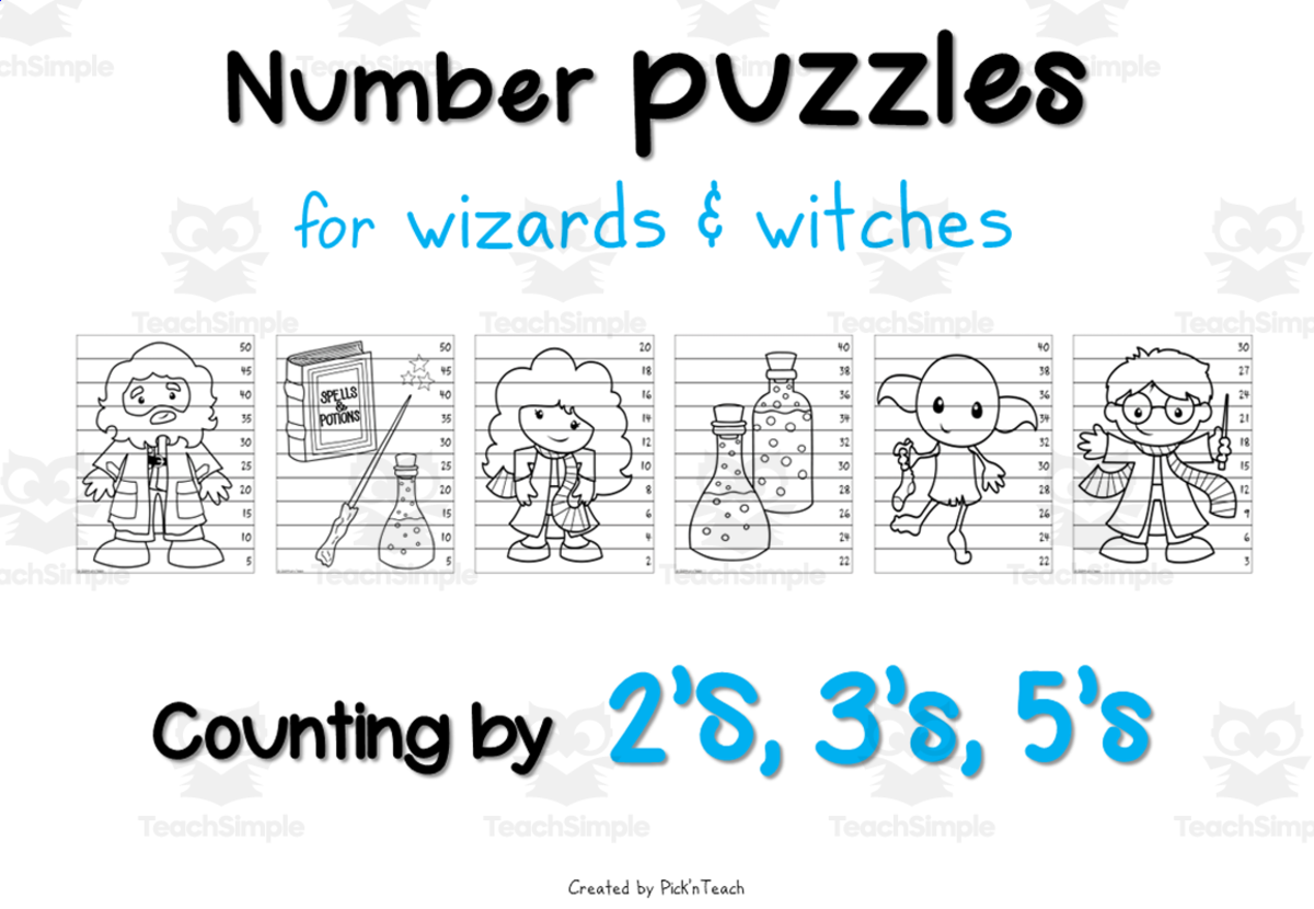 An educational teaching resource from Pick'n Teach entitled NUMBER PUZZLES for wizards - counting by 2s, 3s, 5s - Black & white downloadable at Teach Simple.