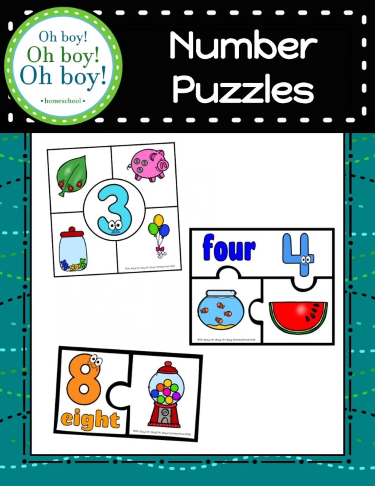 An educational teaching resource from Oh Boy Homeschool entitled Number Puzzles downloadable at Teach Simple.