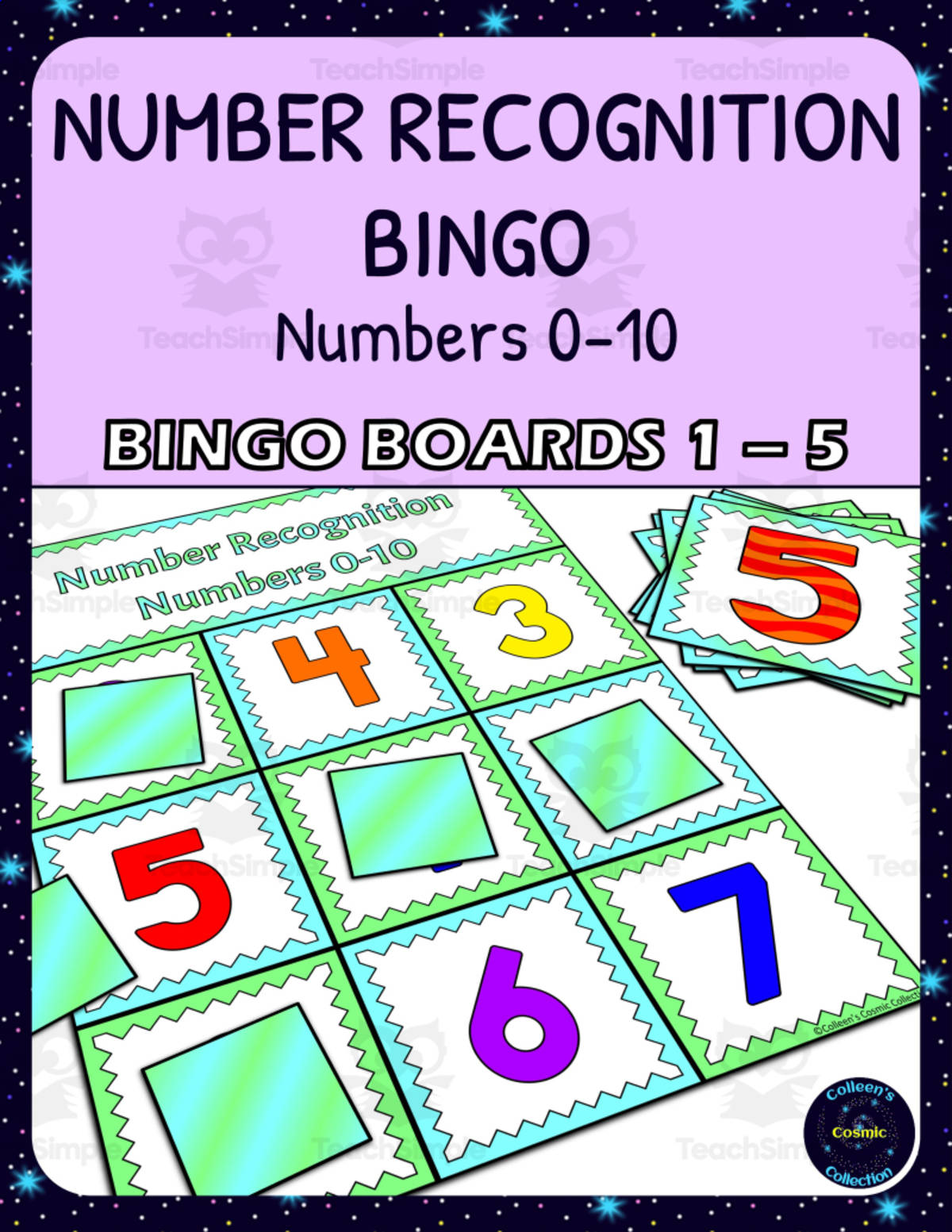 An educational teaching resource from Colleen's Cosmic Collection entitled Number Recognition 0-10 Bingo - Boards 1-5 downloadable at Teach Simple.