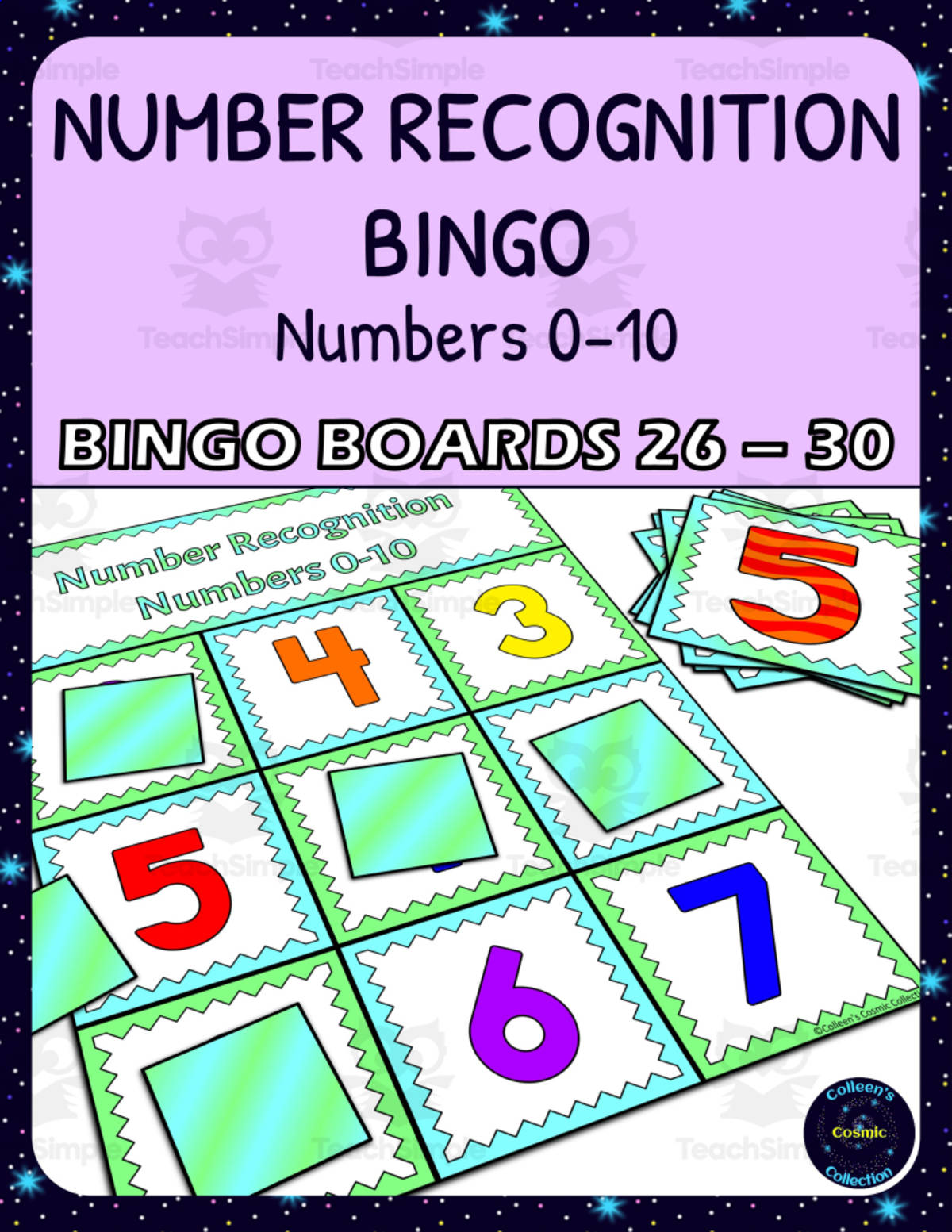 An educational teaching resource from Colleen's Cosmic Collection entitled Number Recognition 0-10 Bingo - Boards 26-30 downloadable at Teach Simple.