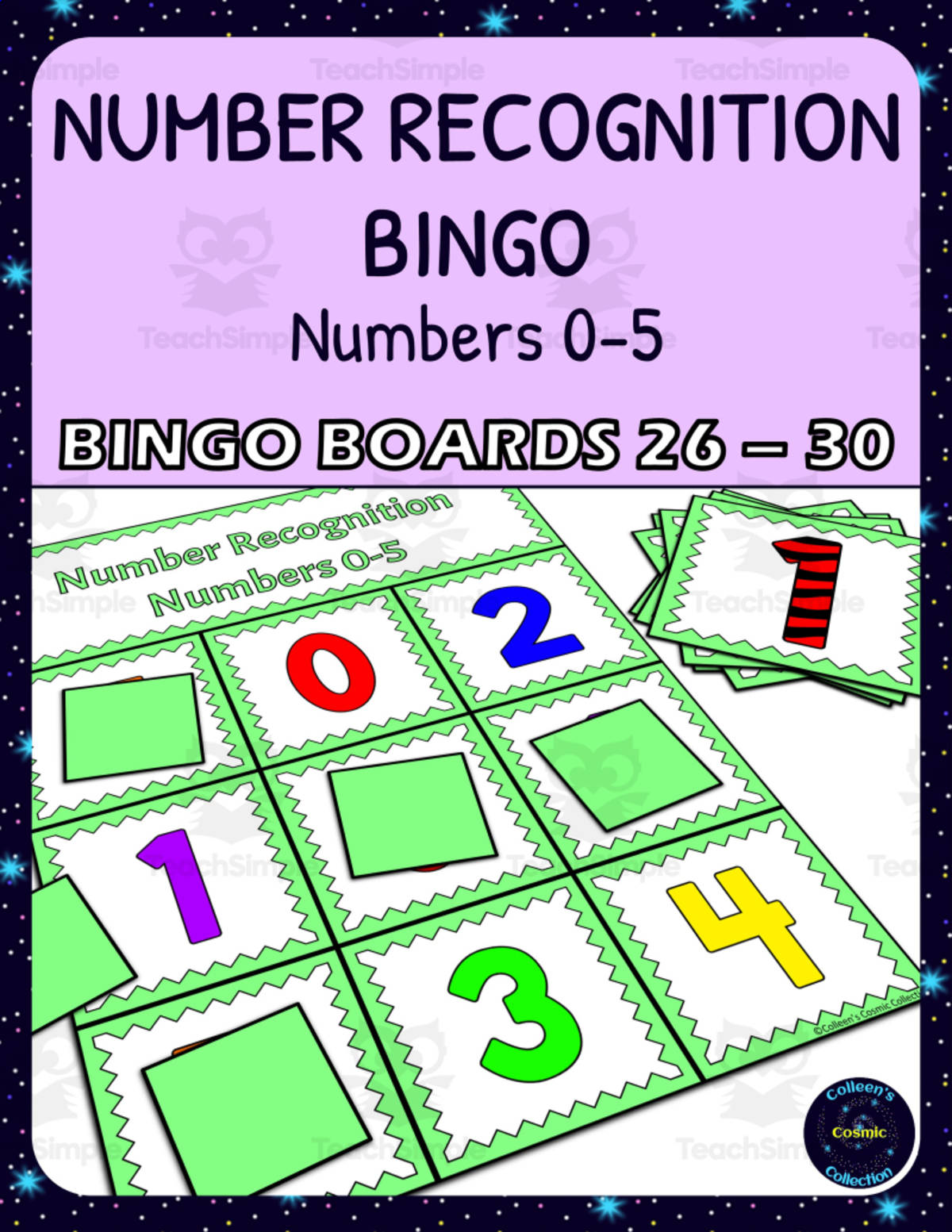 An educational teaching resource from Colleen's Cosmic Collection entitled Number Recognition 0-5 Bingo - Boards 26-30 downloadable at Teach Simple.