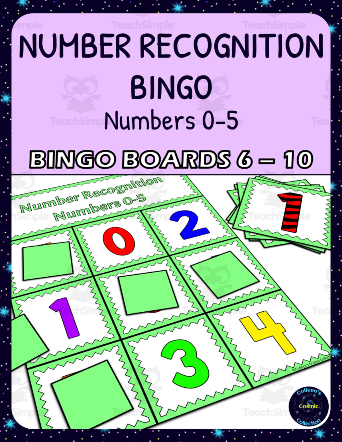 An educational teaching resource from Colleen's Cosmic Collection entitled Number Recognition 0-5 Bingo - Boards 6-10 downloadable at Teach Simple.