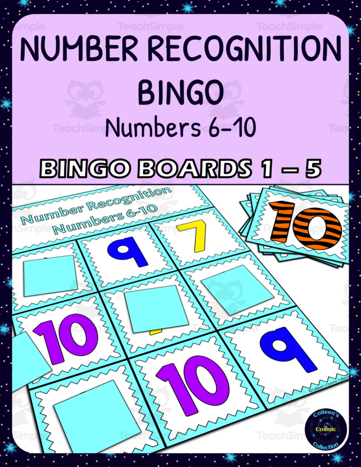 An educational teaching resource from Colleen's Cosmic Collection entitled Number Recognition 6-10 Bingo - Boards 1-5 downloadable at Teach Simple.