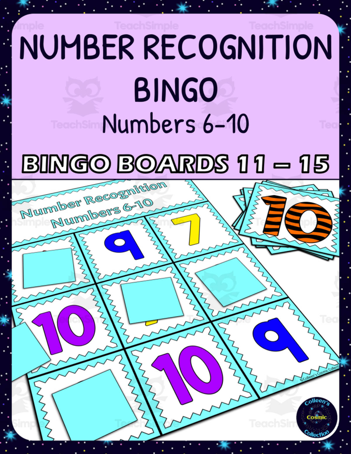 An educational teaching resource from Colleen's Cosmic Collection entitled Number Recognition 6-10 Bingo - Boards 11-15 downloadable at Teach Simple.