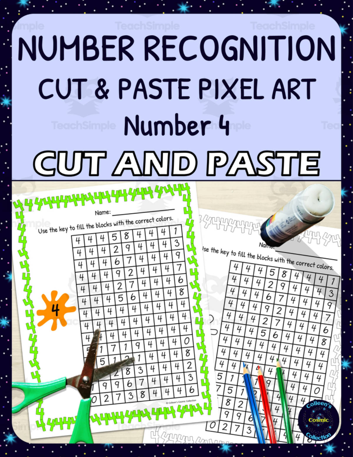 An educational teaching resource from Colleen's Cosmic Collection entitled Number Recognition Pixel Art - Number 4 downloadable at Teach Simple.