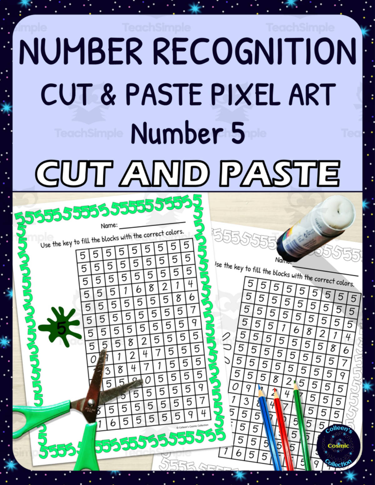 An educational teaching resource from Colleen's Cosmic Collection entitled Number Recognition Pixel Art - Number 5 downloadable at Teach Simple.