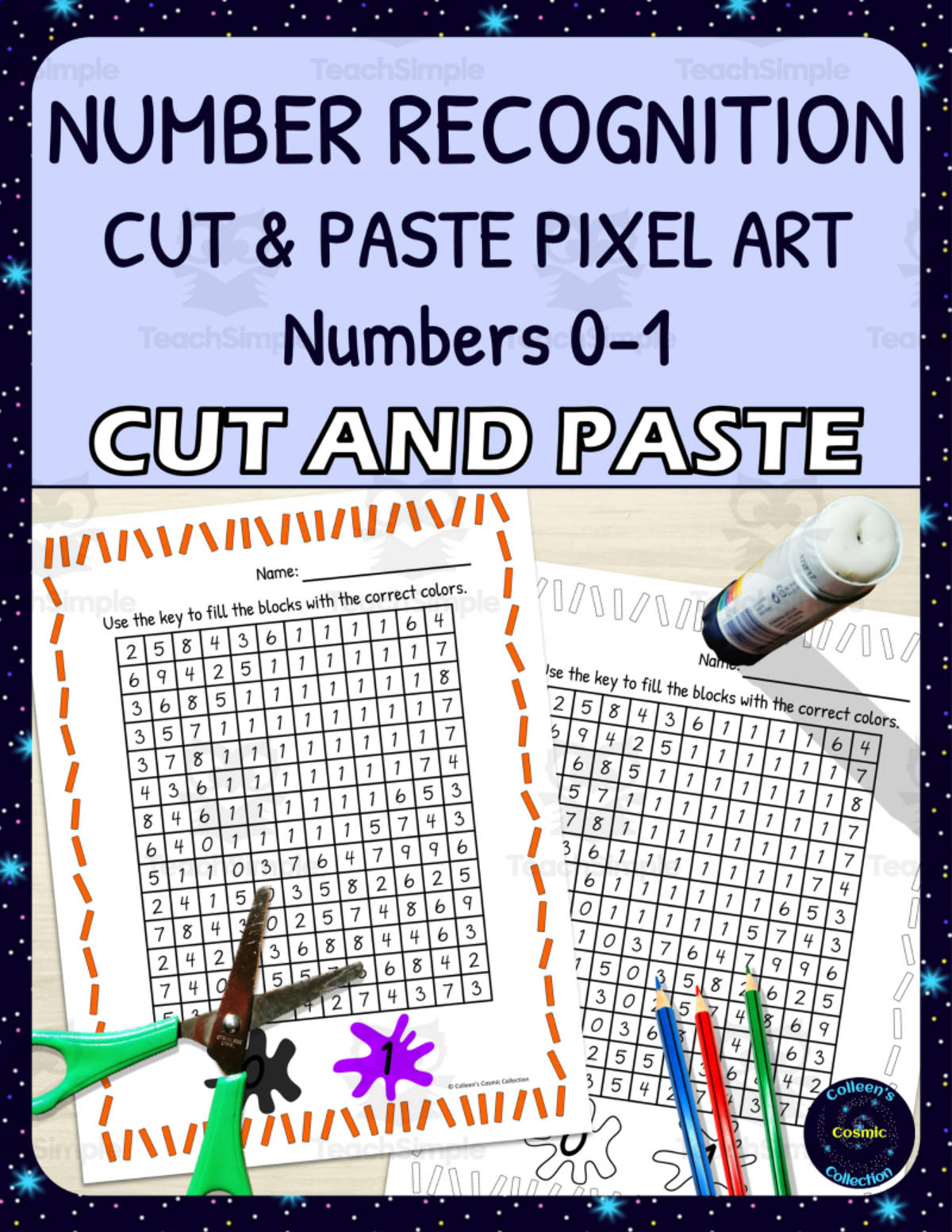 An educational teaching resource from Colleen's Cosmic Collection entitled Number Recognition Pixel Art - Numbers 0-1 downloadable at Teach Simple.