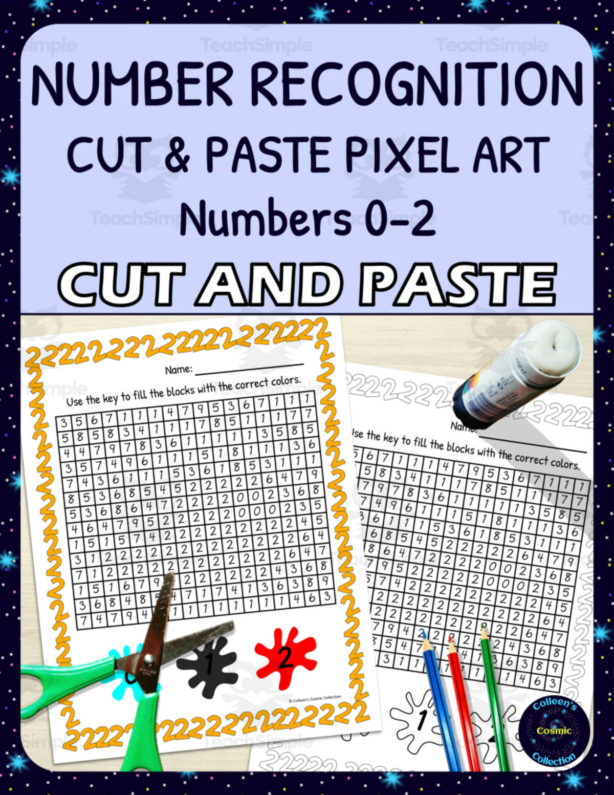 An educational teaching resource from Colleen's Cosmic Collection entitled Number Recognition Pixel Art - Numbers 0-2 downloadable at Teach Simple.