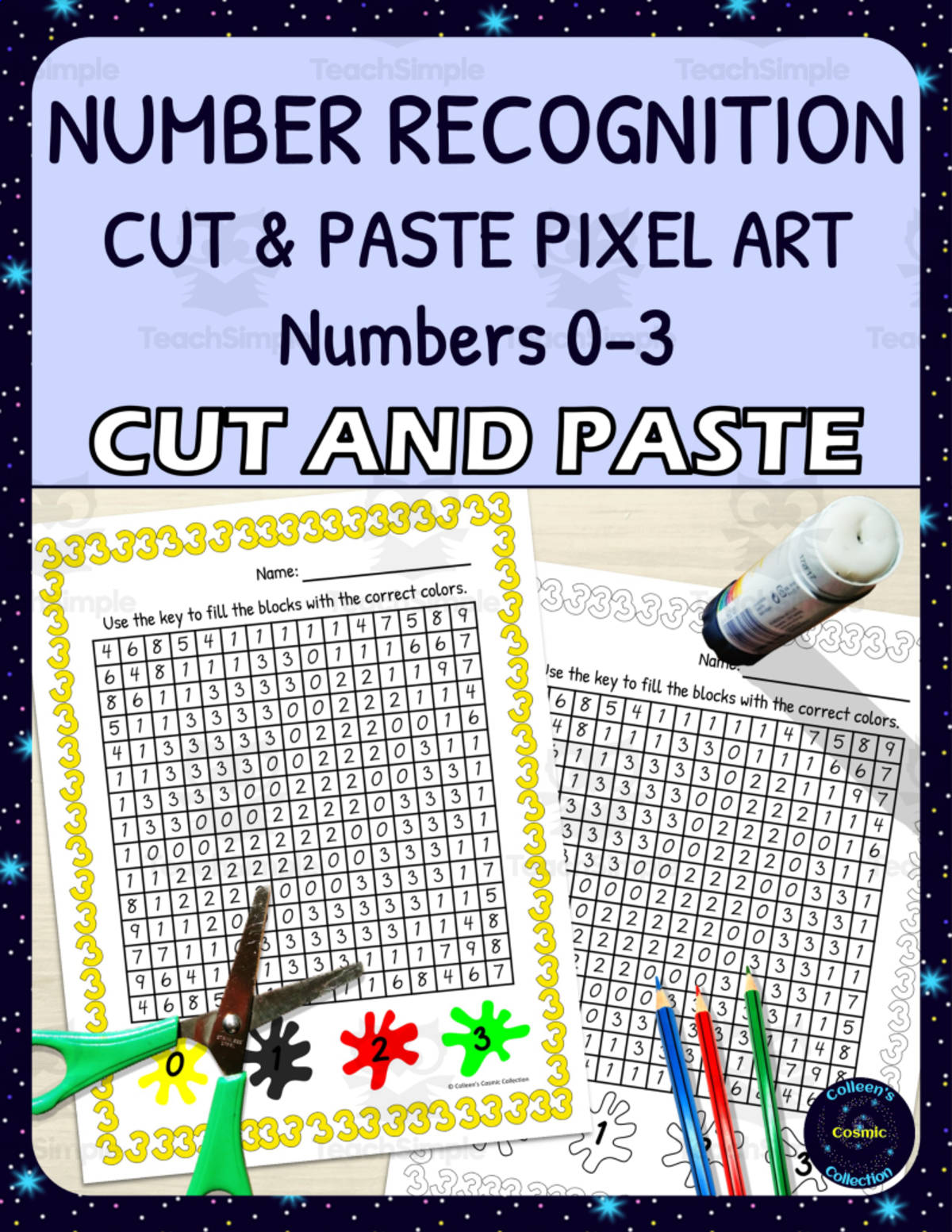An educational teaching resource from Colleen's Cosmic Collection entitled Number Recognition Pixel Art - Numbers 0-3 downloadable at Teach Simple.