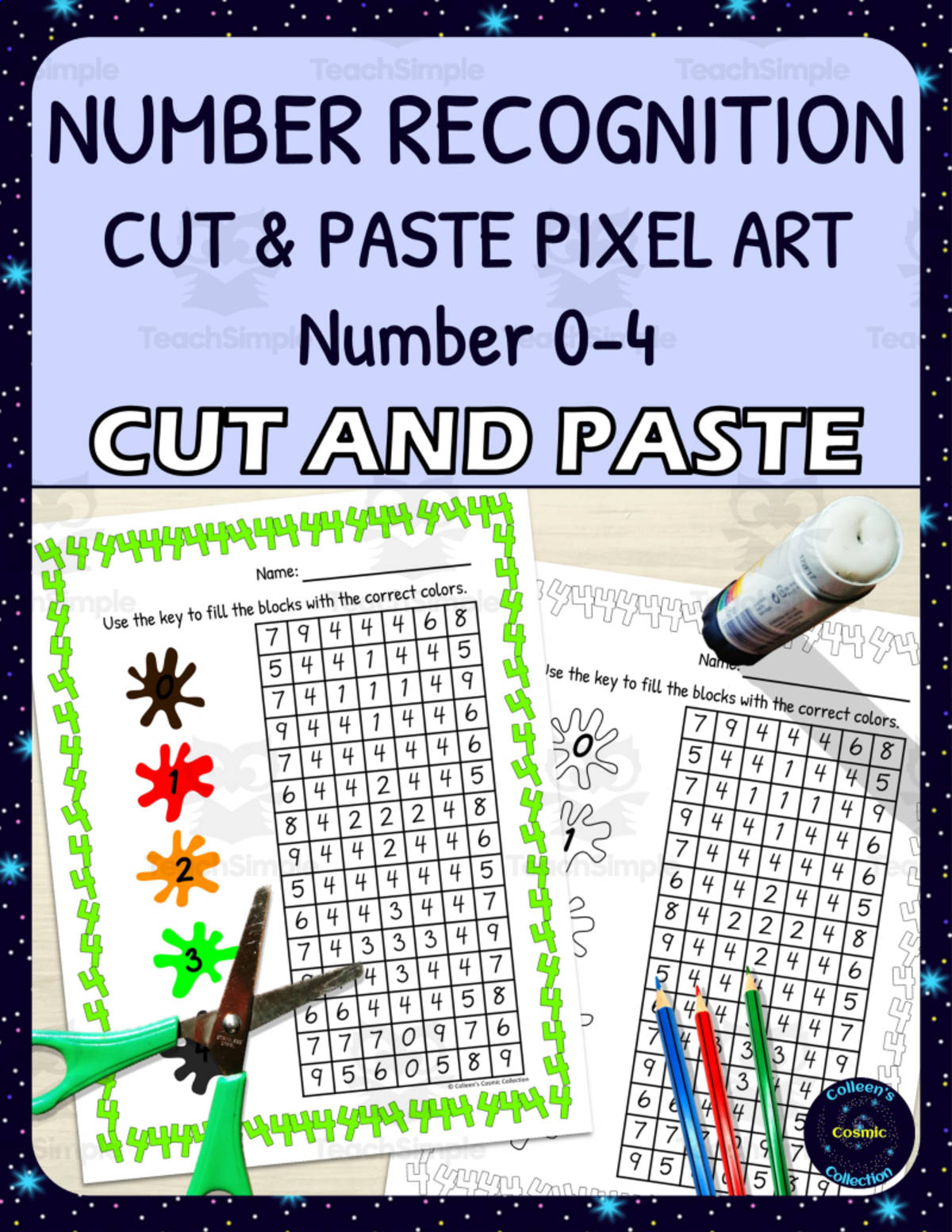An educational teaching resource from Colleen's Cosmic Collection entitled Number Recognition Pixel Art - Numbers 0-4 downloadable at Teach Simple.
