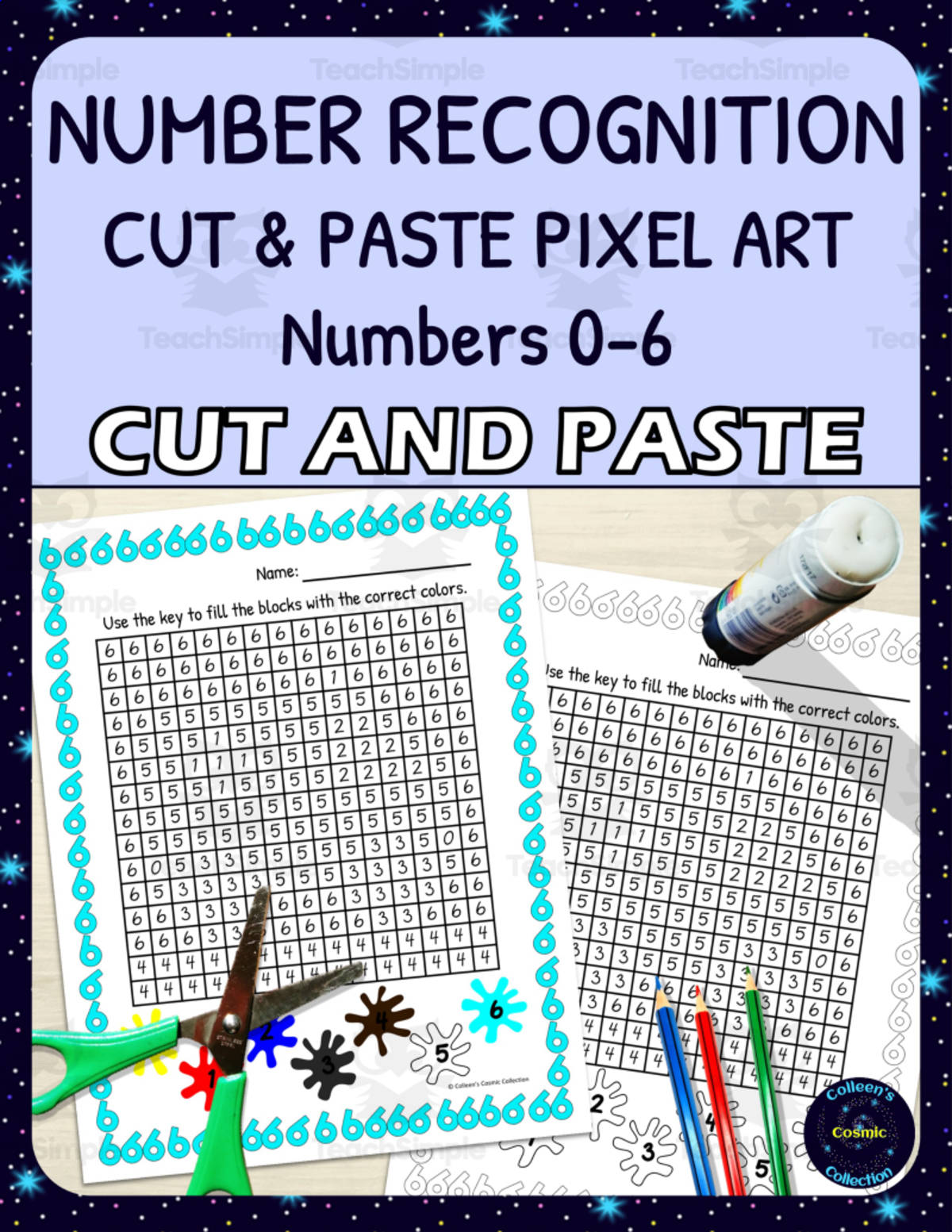 An educational teaching resource from Colleen's Cosmic Collection entitled Number Recognition Pixel Art - Numbers 0-6 downloadable at Teach Simple.