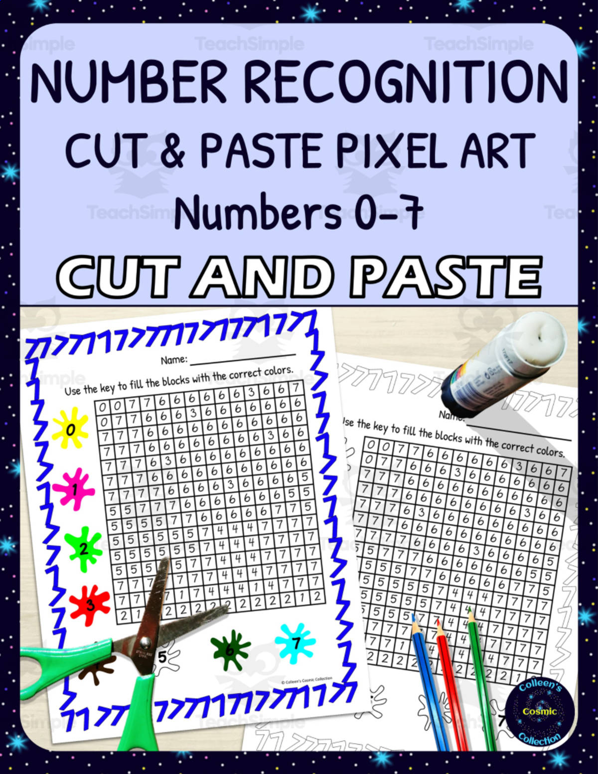 An educational teaching resource from Colleen's Cosmic Collection entitled Number Recognition Pixel Art - Numbers 0-7 downloadable at Teach Simple.