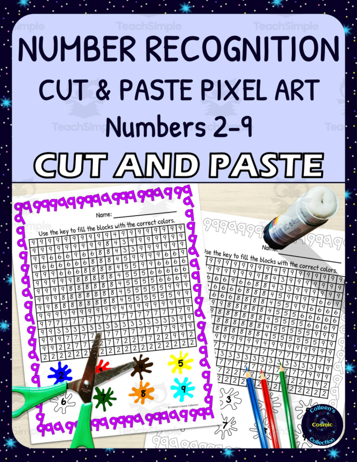 An educational teaching resource from Colleen's Cosmic Collection entitled Number Recognition Pixel Art - Numbers 2-9 downloadable at Teach Simple.
