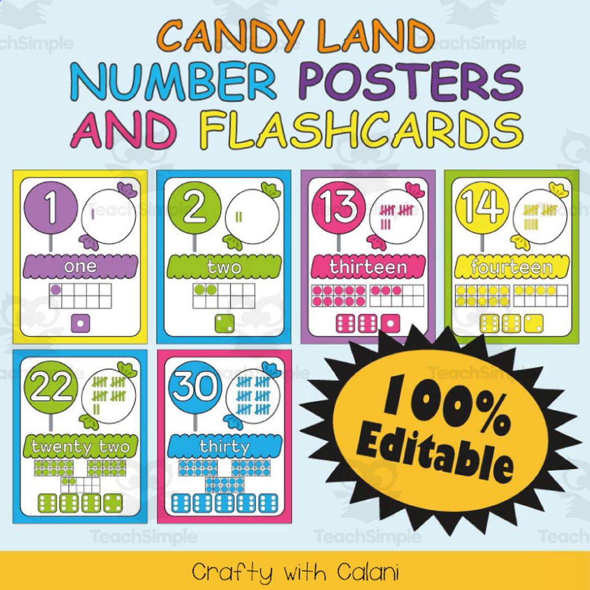 An educational teaching resource from Crafty with Calani entitled Number Recognition Poster & Flashcards in Candy Land Theme - 100% Editable downloadable at Teach Simple.
