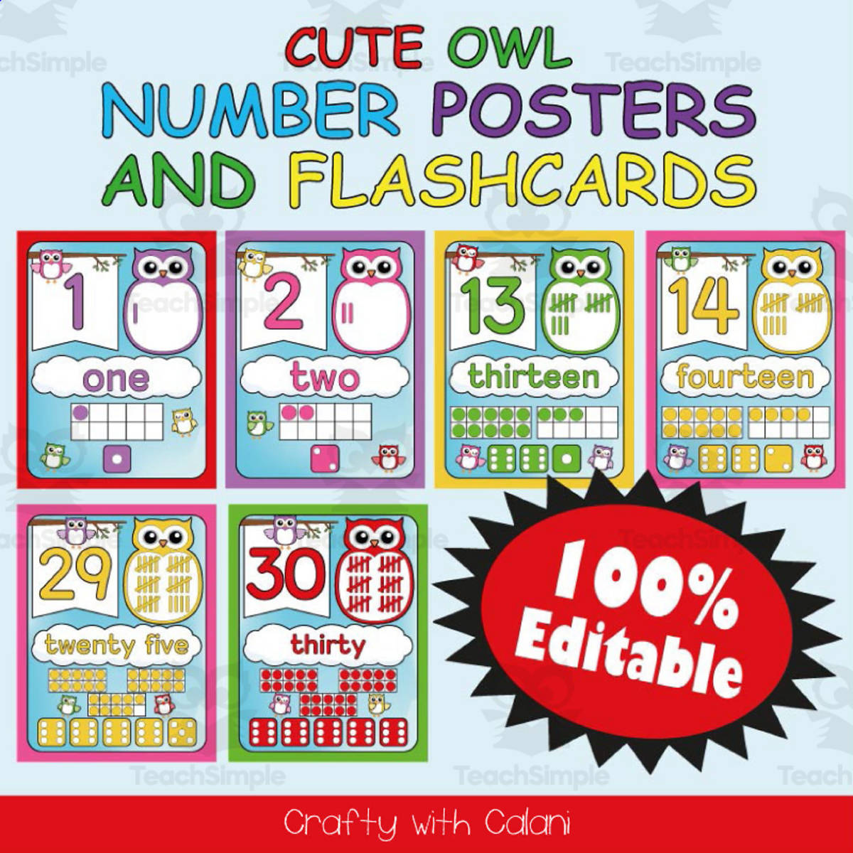 An educational teaching resource from Crafty with Calani entitled Number Recognition Poster & Flashcards in Owl Theme - 100% Editable downloadable at Teach Simple.