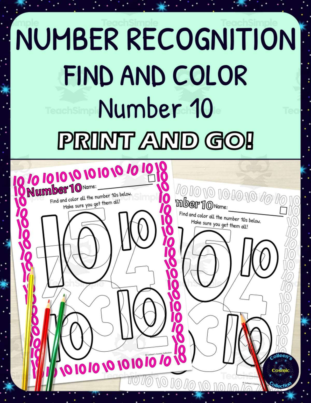 An educational teaching resource from Colleen's Cosmic Collection entitled Number Recognition Worksheets - Number 10 - Find and Color Activities - Printable downloadable at Teach Simple.