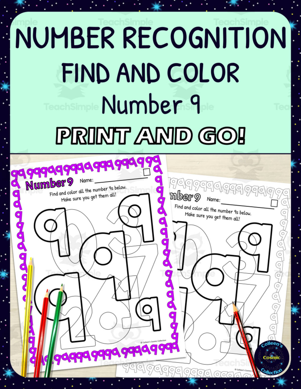 An educational teaching resource from Colleen's Cosmic Collection entitled Number Recognition Worksheets - Number 9 - Find and Color Activities - Printable downloadable at Teach Simple.