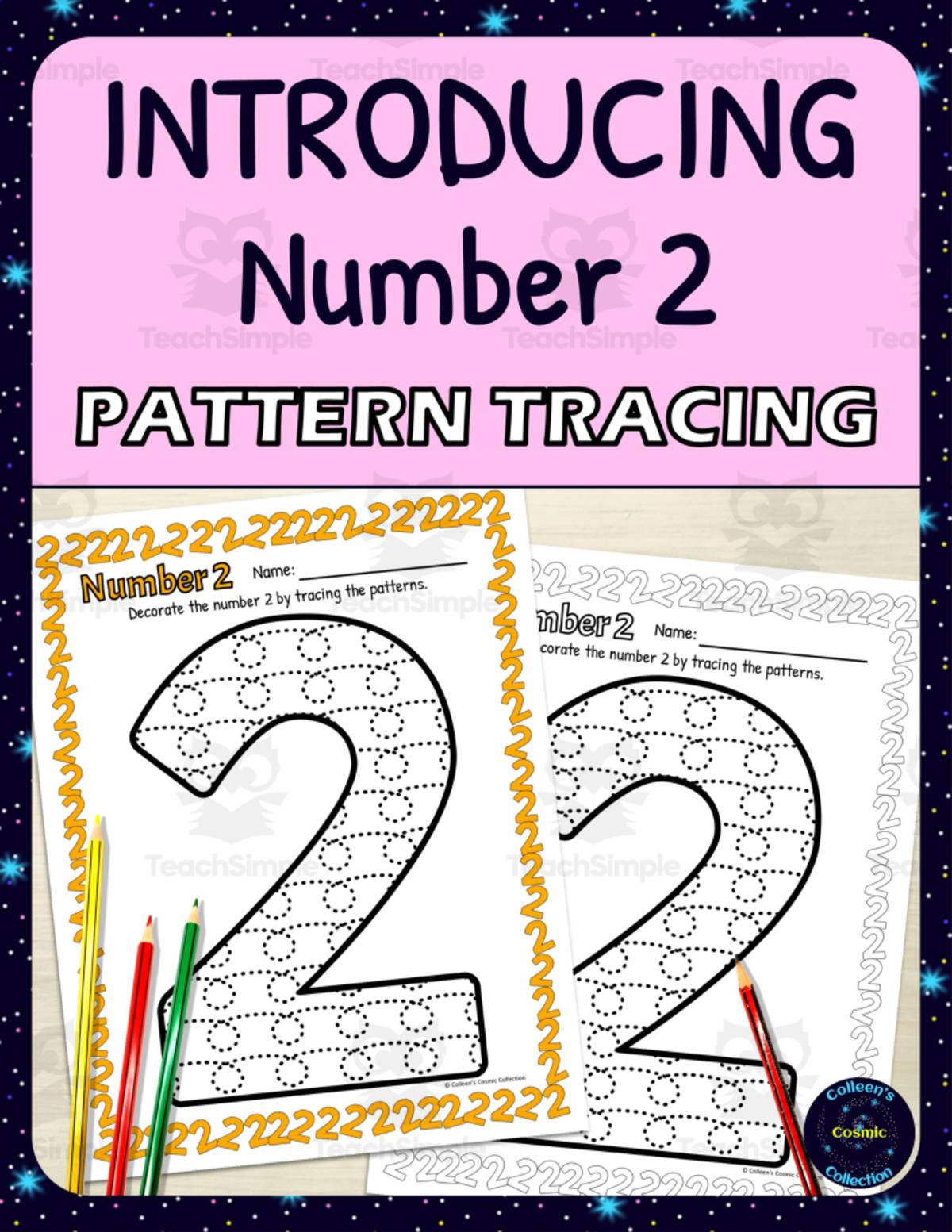 An educational teaching resource from Colleen's Cosmic Collection entitled Number Recognition Worksheets | Pattern Tracing Activity | Number 2 downloadable at Teach Simple.