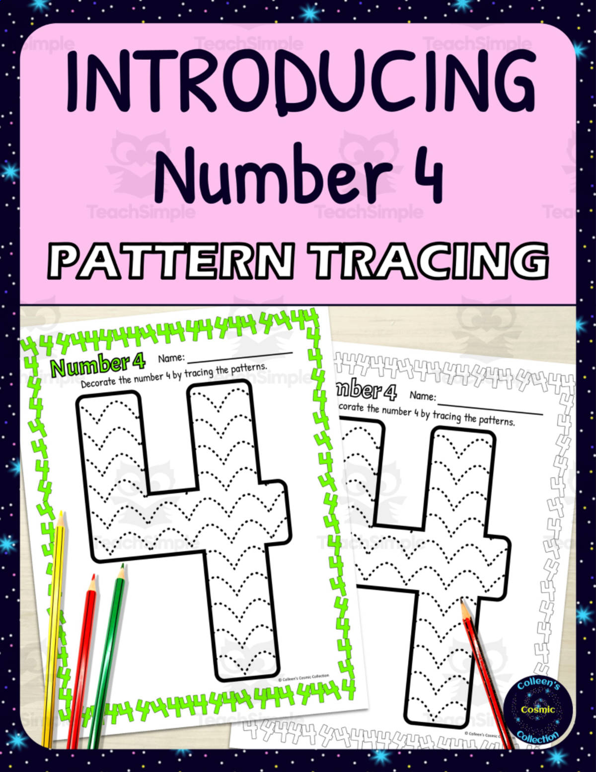 An educational teaching resource from Colleen's Cosmic Collection entitled Number Recognition Worksheets | Pattern Tracing Activity | Number 4 downloadable at Teach Simple.