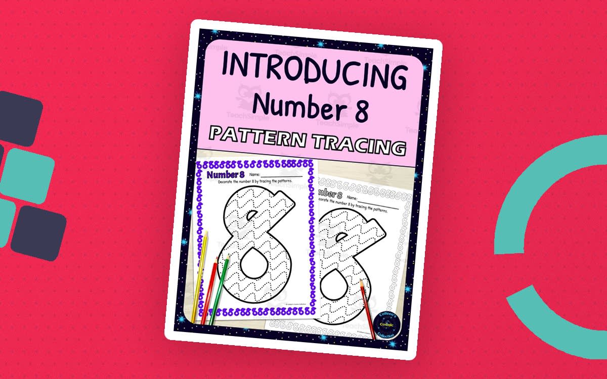 An educational teaching resource from Colleen's Cosmic Collection entitled Number Recognition Worksheets | Pattern Tracing Activity | Number 8 downloadable at Teach Simple.