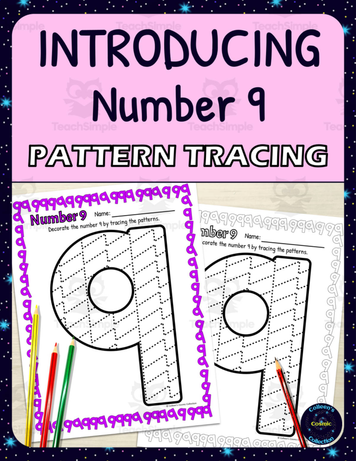 An educational teaching resource from Colleen's Cosmic Collection entitled Number Recognition Worksheets | Pattern Tracing Activity | Number 9 downloadable at Teach Simple.