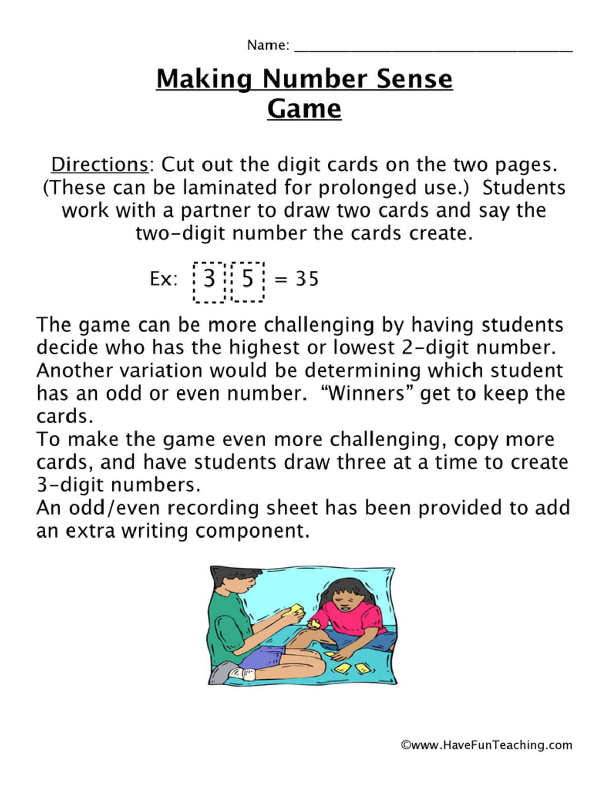An educational teaching resource from Have Fun Teaching entitled Number Sense Game downloadable at Teach Simple.