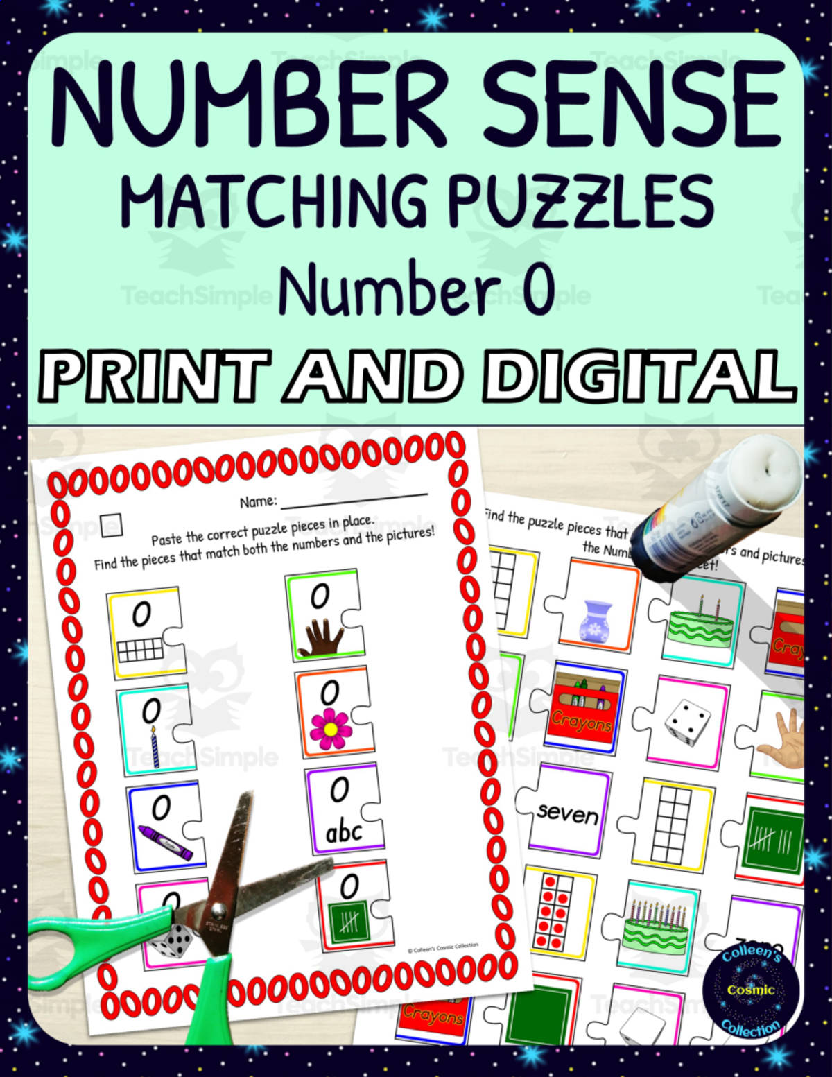 An educational teaching resource from Colleen's Cosmic Collection entitled Number Sense Matching Puzzles for Number 0 downloadable at Teach Simple.
