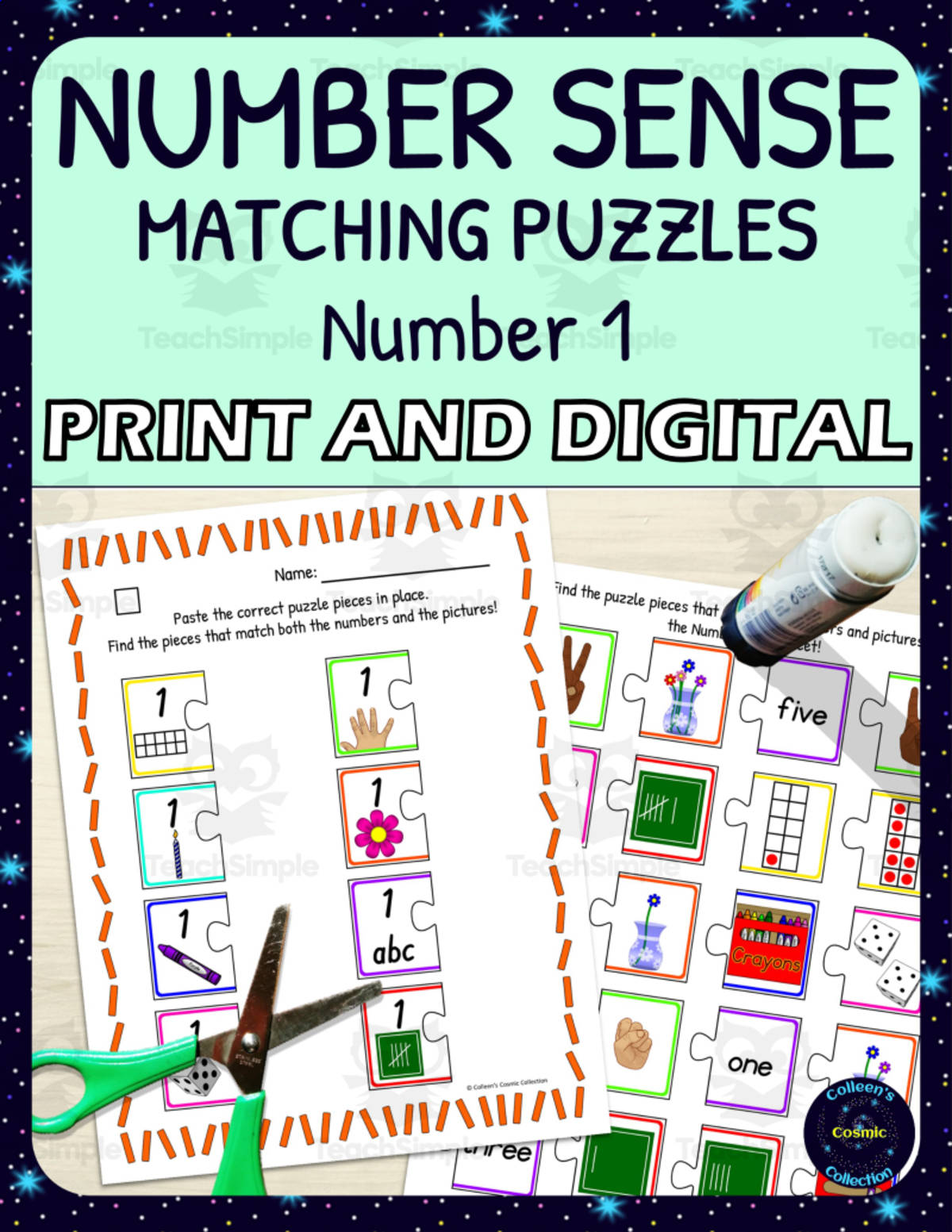 An educational teaching resource from Colleen's Cosmic Collection entitled Number Sense Matching Puzzles for Number 1 downloadable at Teach Simple.