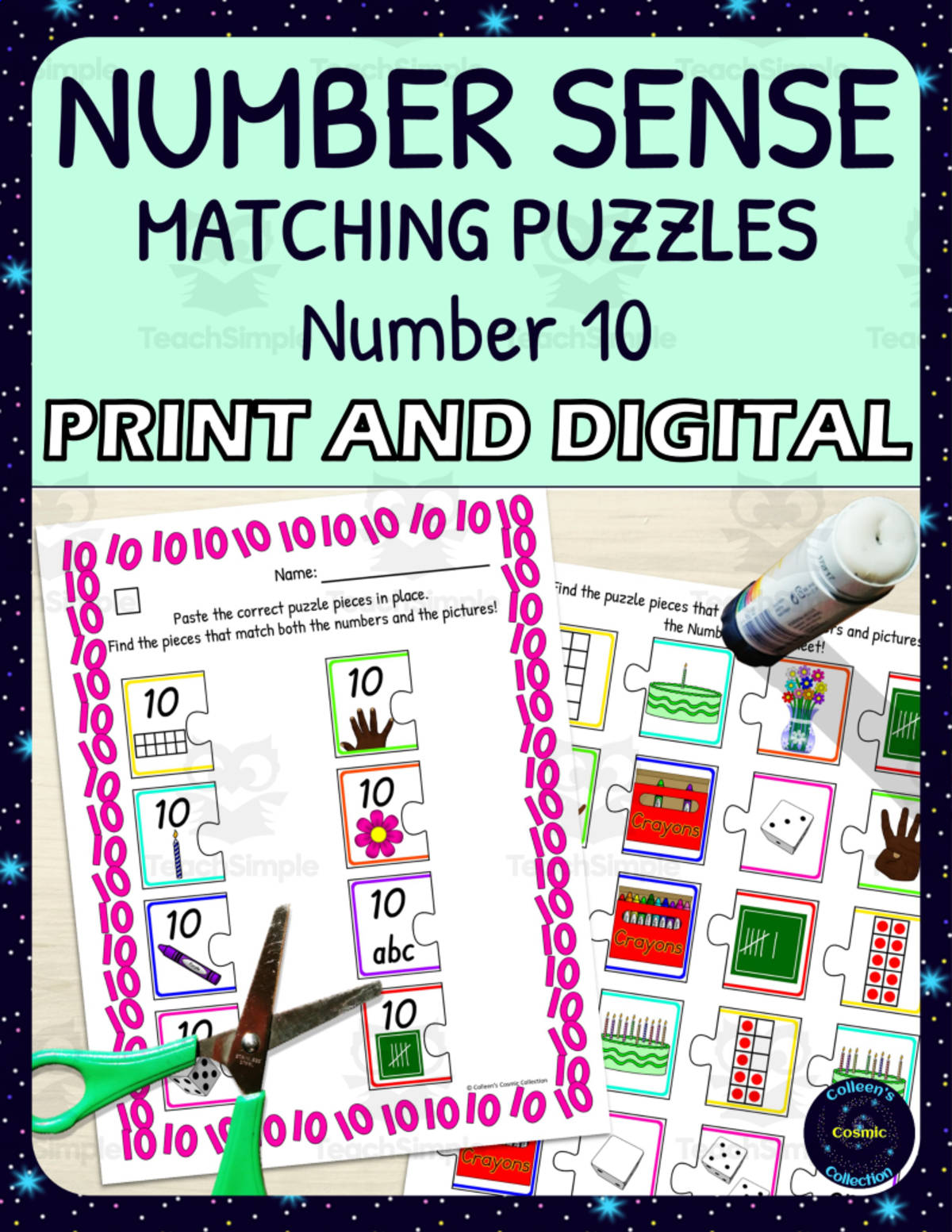 An educational teaching resource from Colleen's Cosmic Collection entitled Number Sense Matching Puzzles for Number 10 downloadable at Teach Simple.