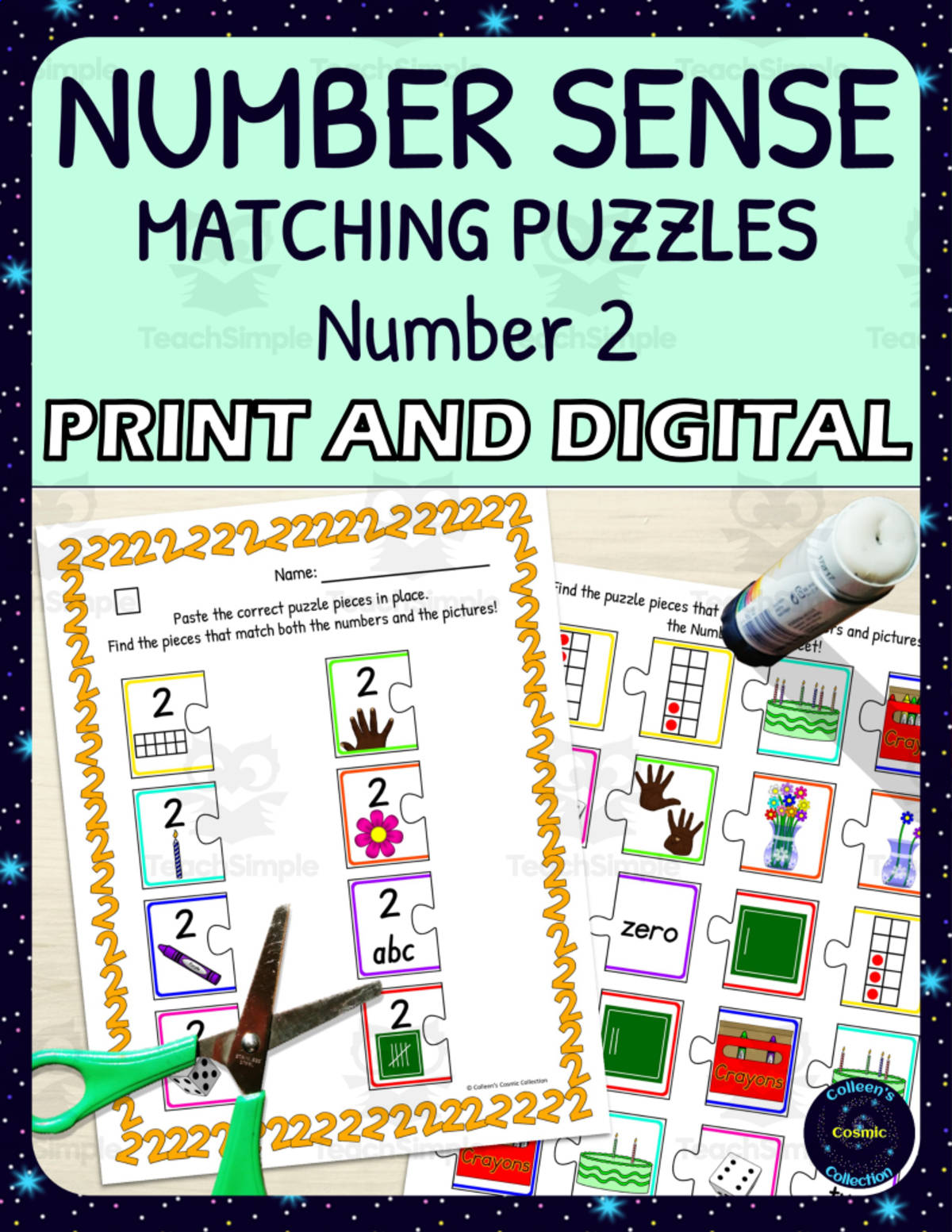 An educational teaching resource from Colleen's Cosmic Collection entitled Number Sense Matching Puzzles for Number 2 downloadable at Teach Simple.