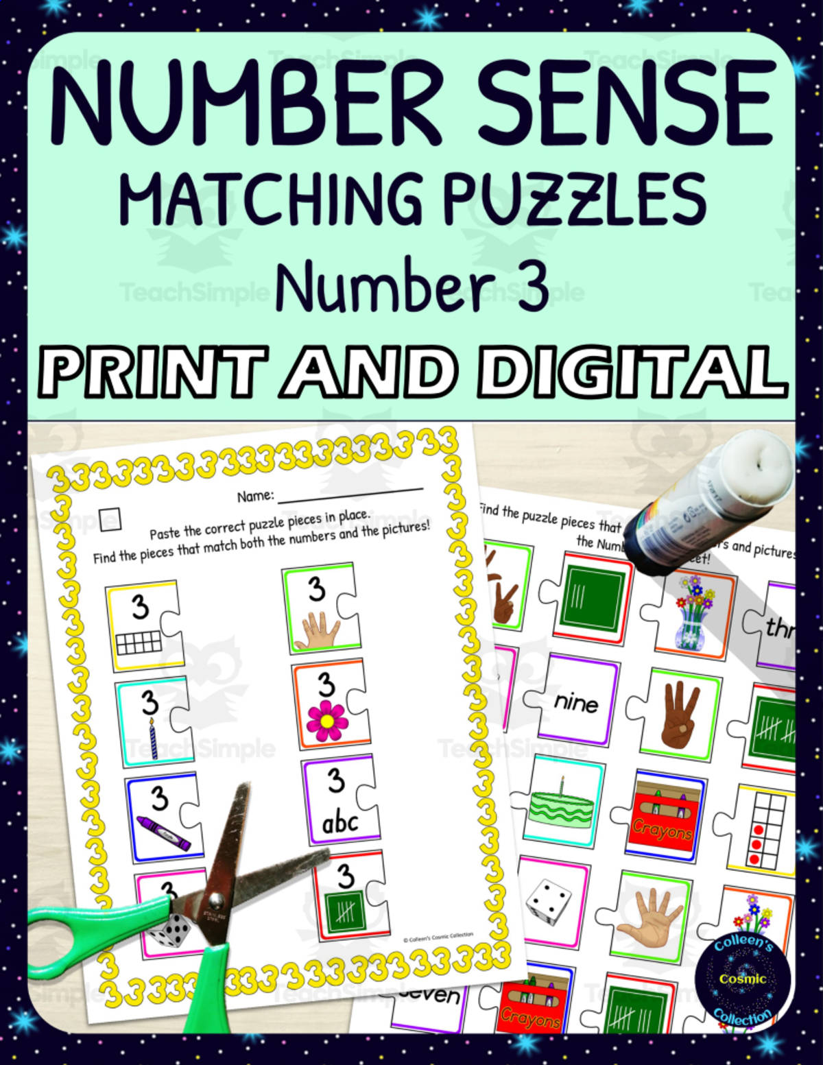 An educational teaching resource from Colleen's Cosmic Collection entitled Number Sense Matching Puzzles for Number 3 downloadable at Teach Simple.