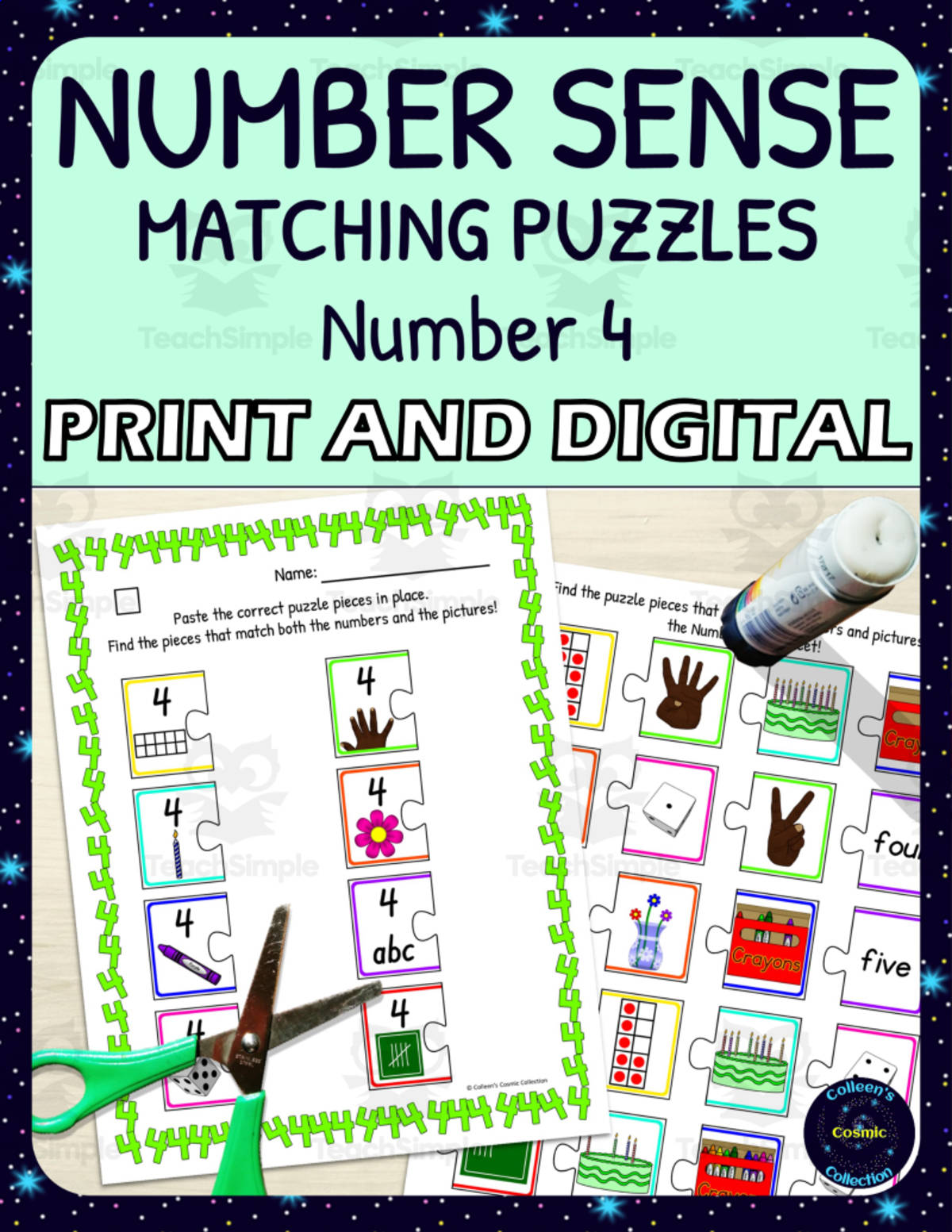 An educational teaching resource from Colleen's Cosmic Collection entitled Number Sense Matching Puzzles for Number 4 downloadable at Teach Simple.