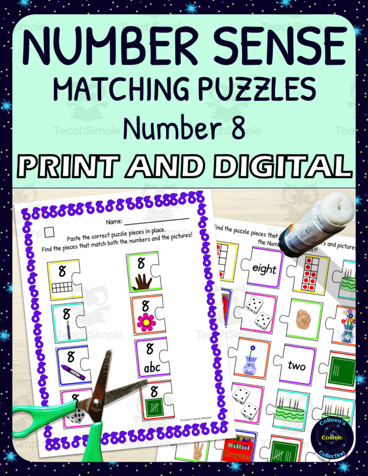 An educational teaching resource from Colleen's Cosmic Collection entitled Number Sense Matching Puzzles for Number 8 downloadable at Teach Simple.