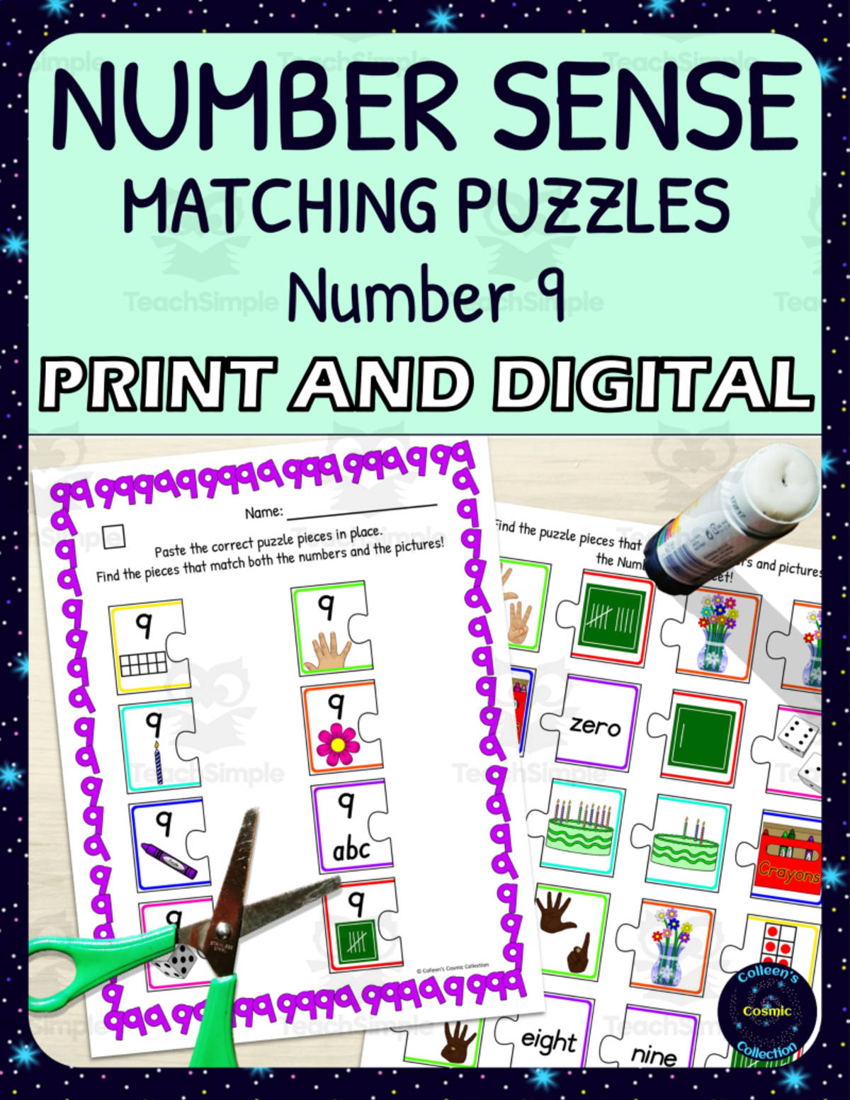 An educational teaching resource from Colleen's Cosmic Collection entitled Number Sense Matching Puzzles for Number 9 downloadable at Teach Simple.