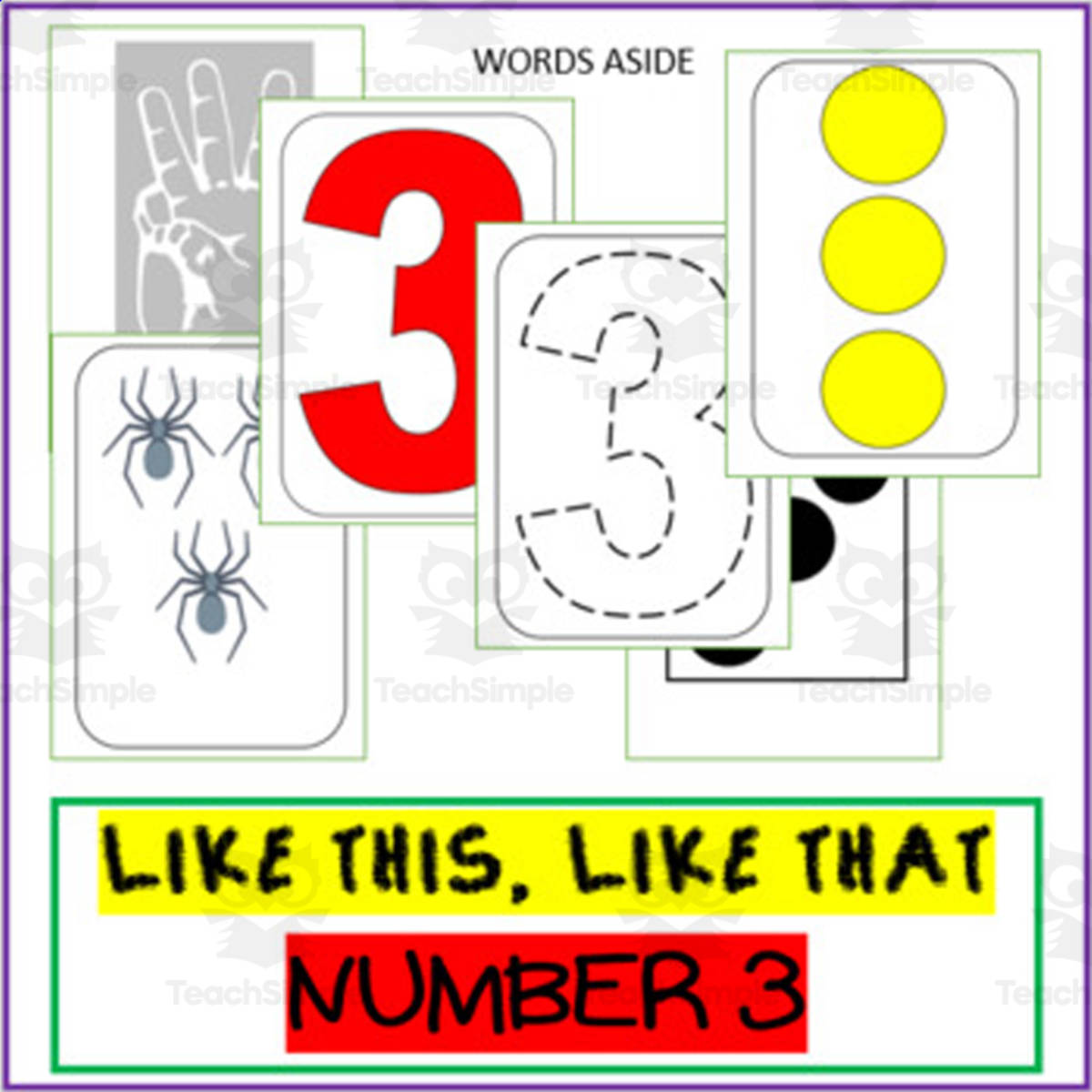An educational teaching resource from WORDS ASIDE entitled NUMBER SENSE POSTERS ACTIVITY CARDS: number '3' trace dot paint count downloadable at Teach Simple.