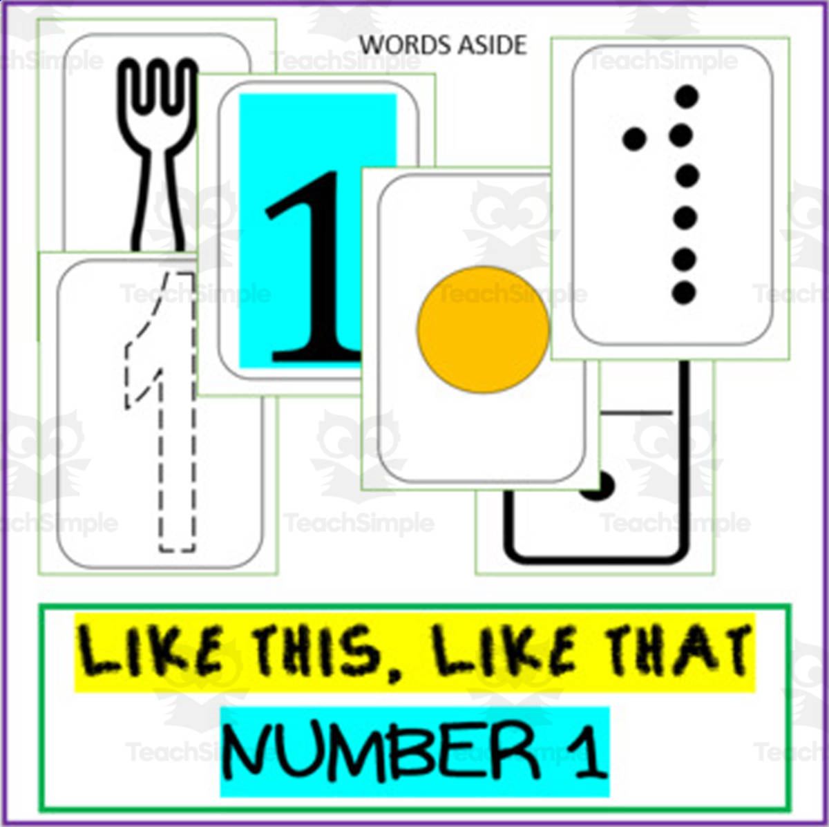 An educational teaching resource from WORDS ASIDE entitled NUMBER SENSE POSTERS ACTIVITY MATS: number '1' trace dot paint count downloadable at Teach Simple.
