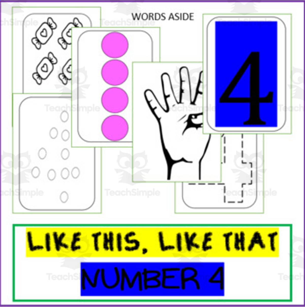 An educational teaching resource from WORDS ASIDE entitled NUMBER SENSE POSTERS ACTIVITY MATS: number '4' trace dot paint count downloadable at Teach Simple.