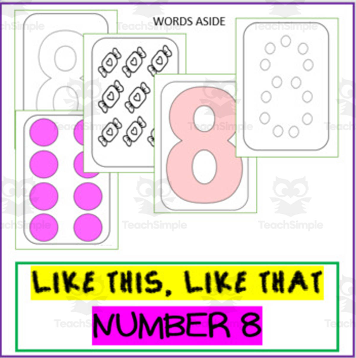 An educational teaching resource from WORDS ASIDE entitled NUMBER SENSE POSTERS ACTIVITY MATS: number '8' trace dot paint count downloadable at Teach Simple.
