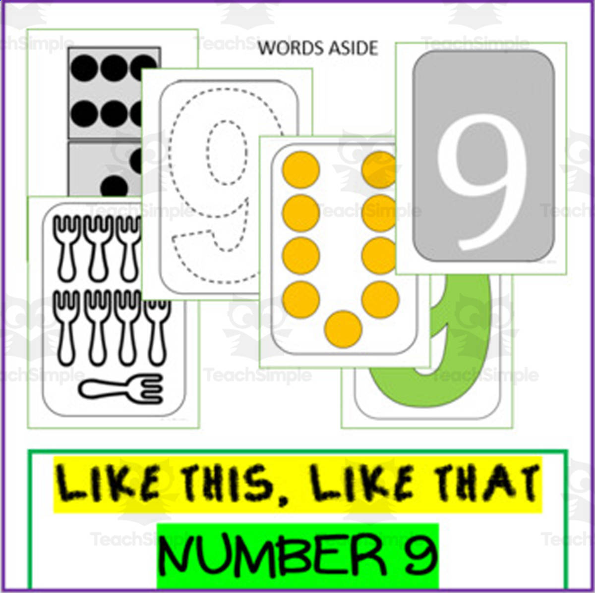 An educational teaching resource from WORDS ASIDE entitled NUMBER SENSE POSTERS ACTIVITY MATS: number '9' trace dot paint count downloadable at Teach Simple.