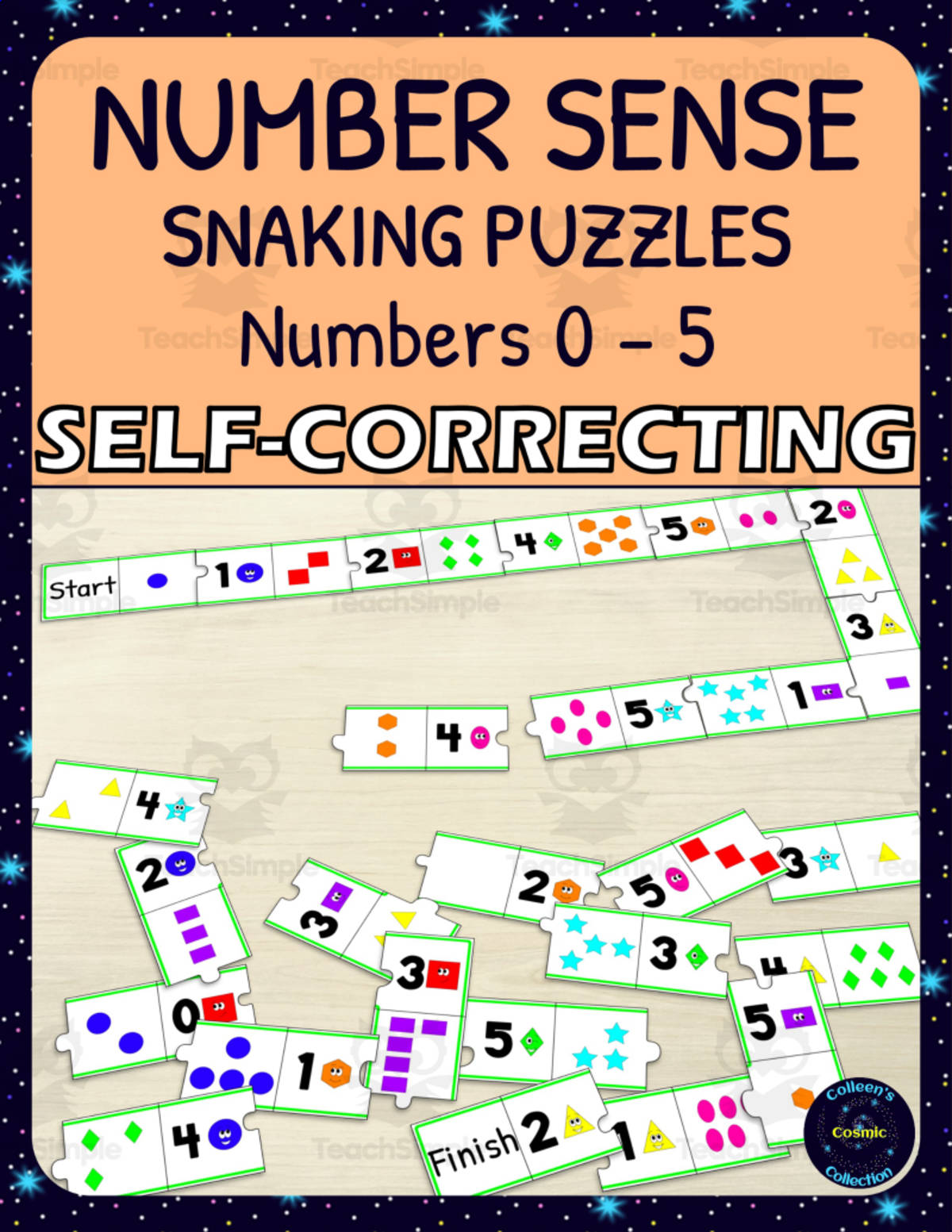 An educational teaching resource from Colleen's Cosmic Collection entitled Number Sense Subitizing Puzzle - Numbers 0-5 downloadable at Teach Simple.
