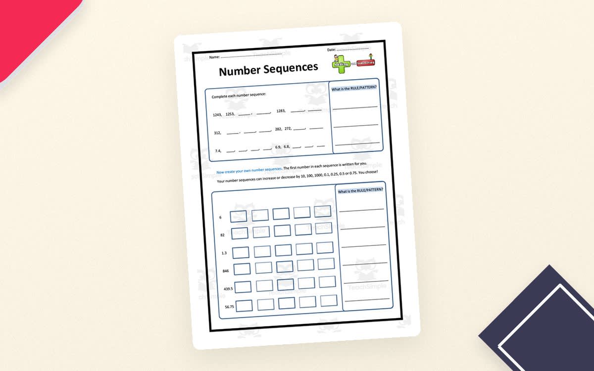 An educational teaching resource from Elementary Resources 4 U entitled Number Sequences Maths Worksheet downloadable at Teach Simple.