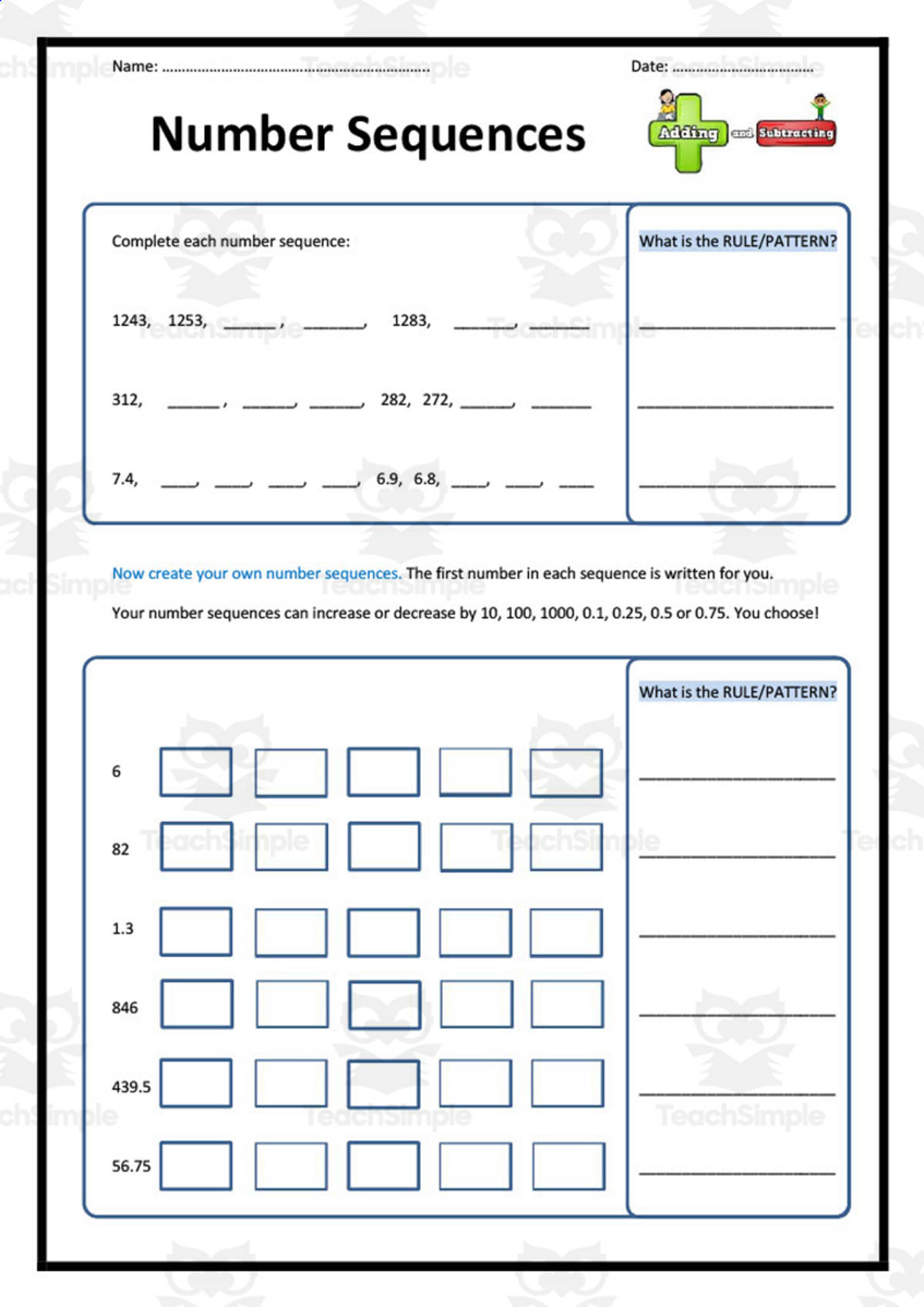 An educational teaching resource from Elementary Resources 4 U entitled Number Sequences Math Worksheet downloadable at Teach Simple.